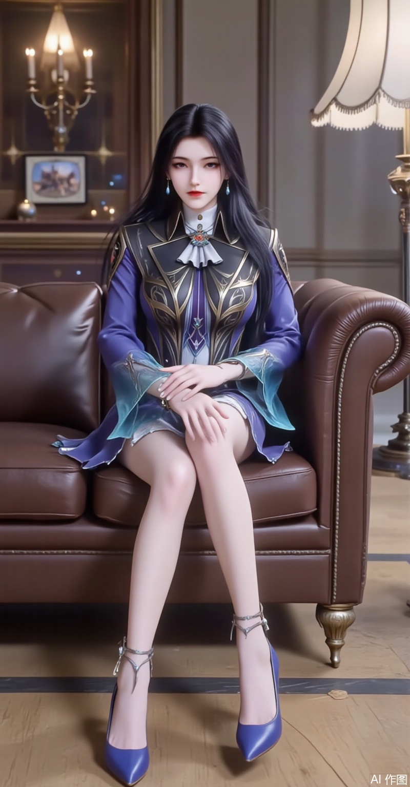 The image shows a young woman sitting on a brown leather couch in a living room She is wearing a blue dress with a high neckline and long sleeves She has long dark hair styled in loose waves and is wearing blue high heels The woman is sitting with her legs crossed and her hands resting on her knees