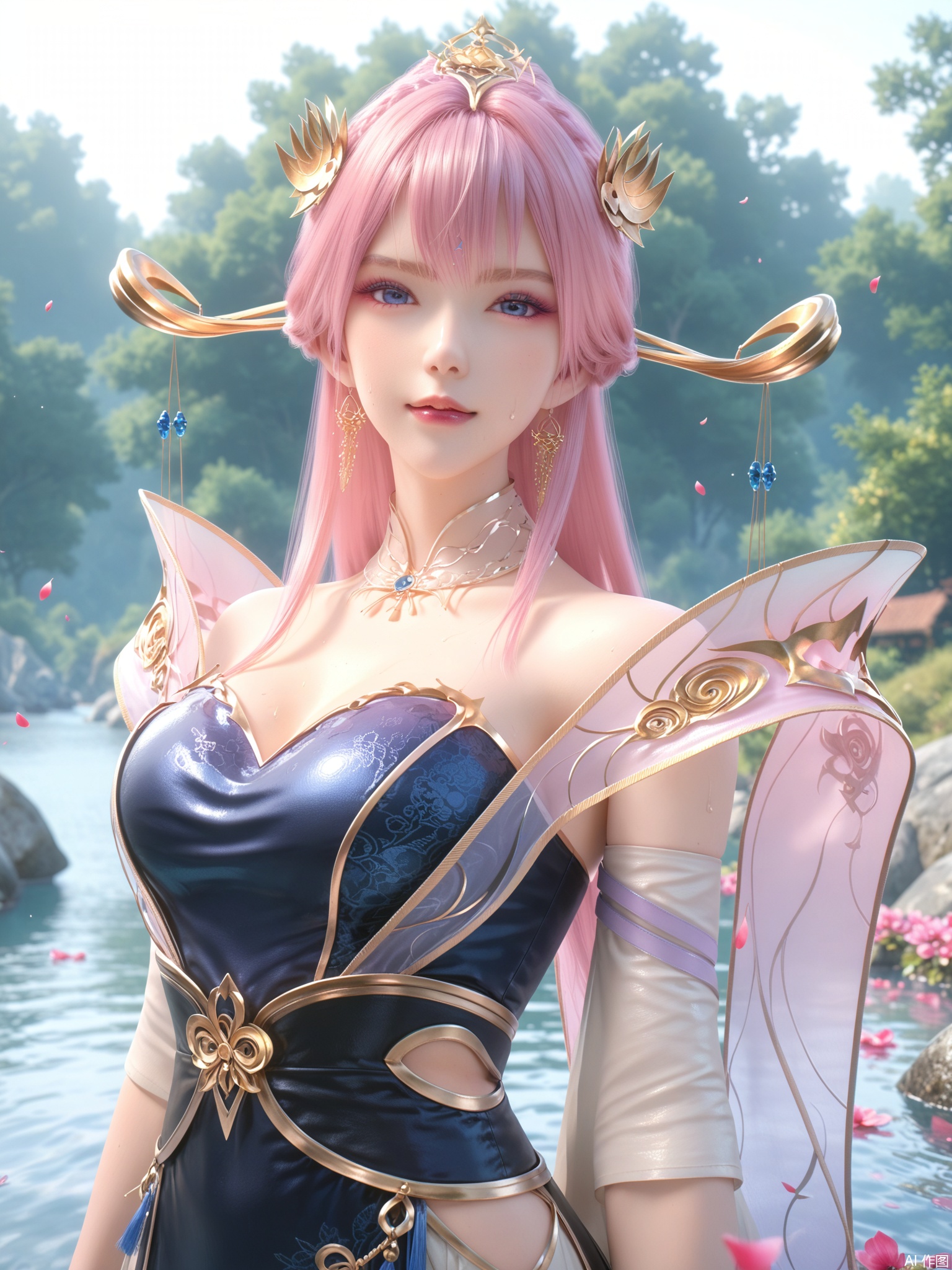 score_9,score_8_up,score_7_up,1girl,looking_at_viewer,realistic,1girl,Vivid Colors,bright environment,delicate water,hair_ornament,shiny skin,shiny hair,reflection,dress,jewelry,flower sea,falling petals,extreme detail description,(upper body:0.5),put one hand on your side,long_hair,(skindentation:1.3),Fishnet stockings,bright,sunshine on face,chinese_clothes,light,sweating,(wariza:1.5),pale_skin