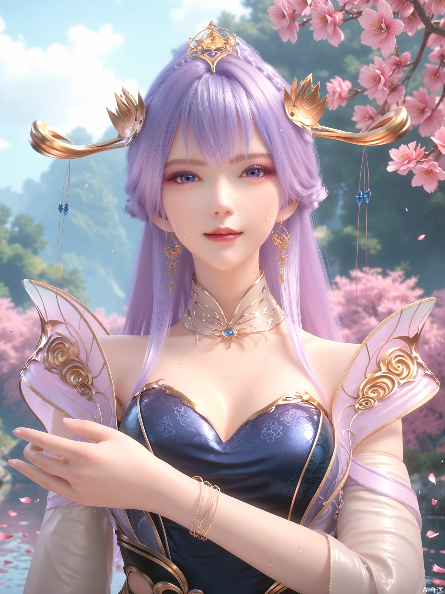 score_9,score_8_up,score_7_up,1girl,looking_at_viewer,realistic,1girl,Vivid Colors,bright environment,delicate water,hair_ornament,shiny skin,shiny hair,reflection,dress,jewelry,flower sea,falling petals,extreme detail description,(upper body:0.5),put one hand on your side,long_hair,(skindentation:1.3),Fishnet stockings,bright,sunshine on face,chinese_clothes,light,sweating,(wariza:1.5),pale_skin