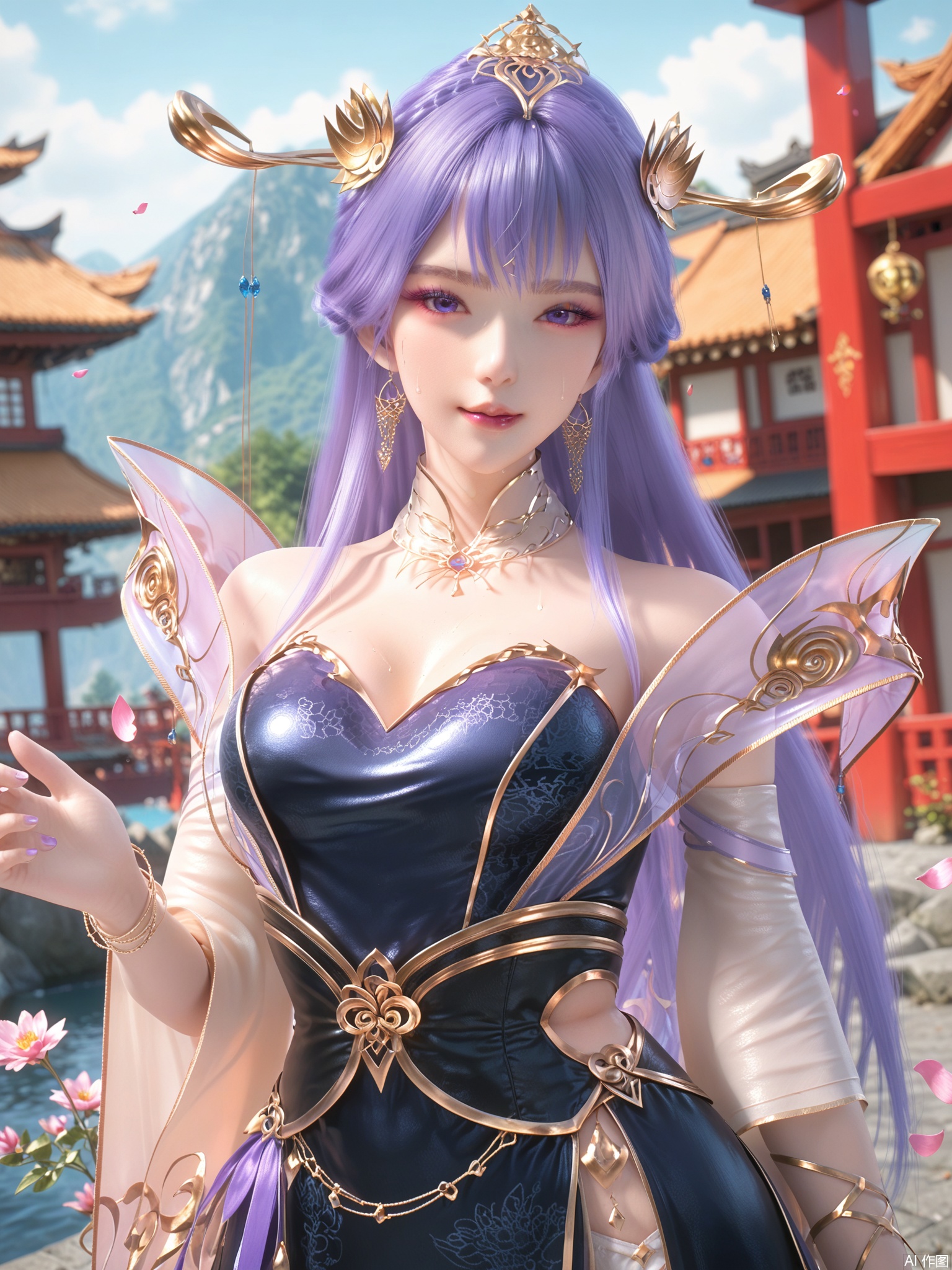 score_9,score_8_up,score_7_up,1girl,looking_at_viewer,realistic,1girl,Vivid Colors,bright environment,delicate water,hair_ornament,shiny skin,shiny hair,reflection,dress,jewelry,flower sea,falling petals,extreme detail description,(upper body:0.5),put one hand on your side,long_hair,(skindentation:1.3),Fishnet stockings,bright,sunshine on face,chinese_clothes,light,sweating,(wariza:1.5),pale_skin,purple-hair