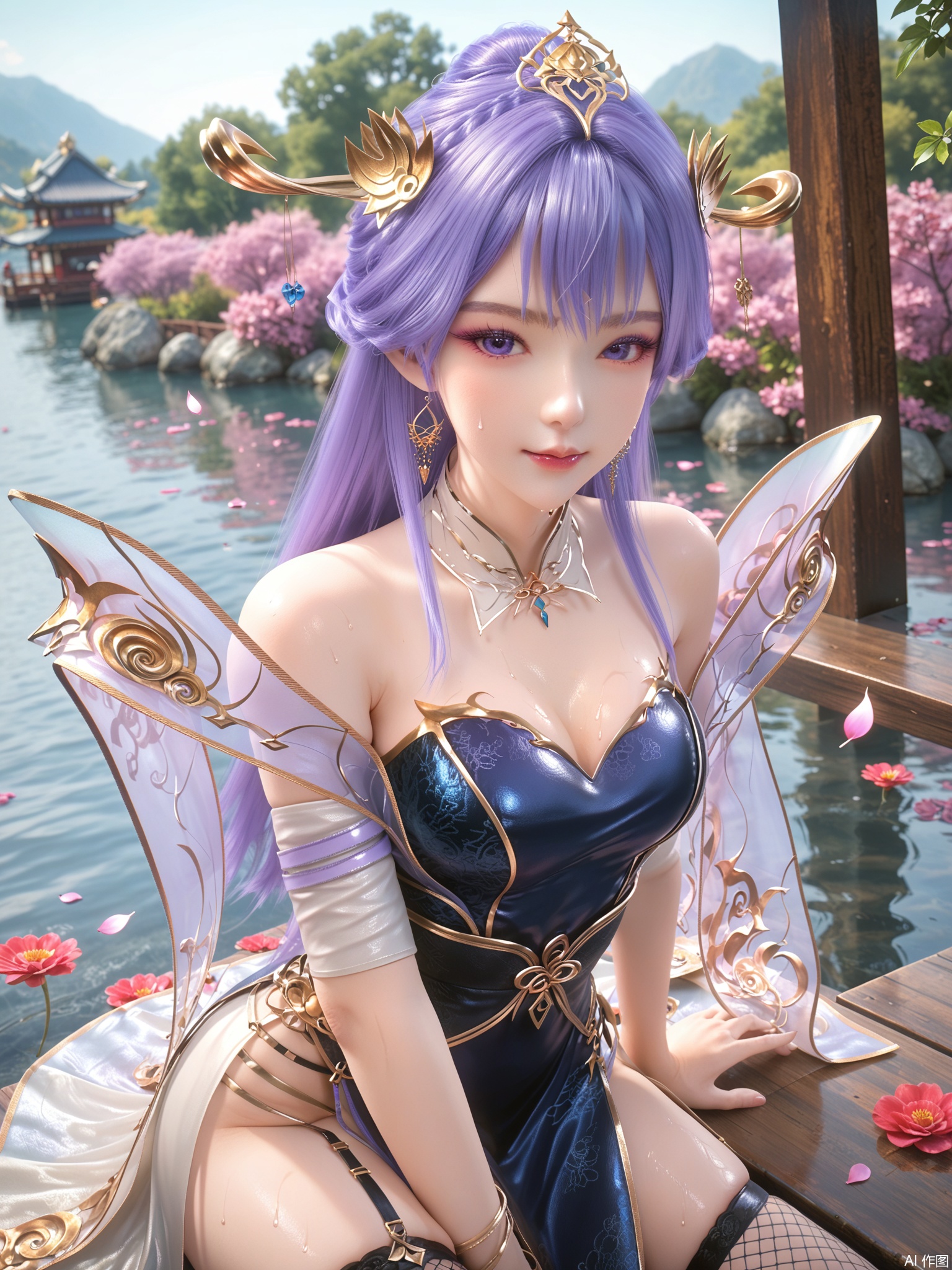 score_9,score_8_up,score_7_up,1girl,looking_at_viewer,realistic,1girl,Vivid Colors,bright environment,delicate water,hair_ornament,shiny skin,shiny hair,reflection,dress,jewelry,flower sea,falling petals,extreme detail description,(upper body:0.5),put one hand on your side,long_hair,(skindentation:1.3),Fishnet stockings,bright,sunshine on face,chinese_clothes,light,sweating,(wariza:1.5),pale_skin,purple-hair