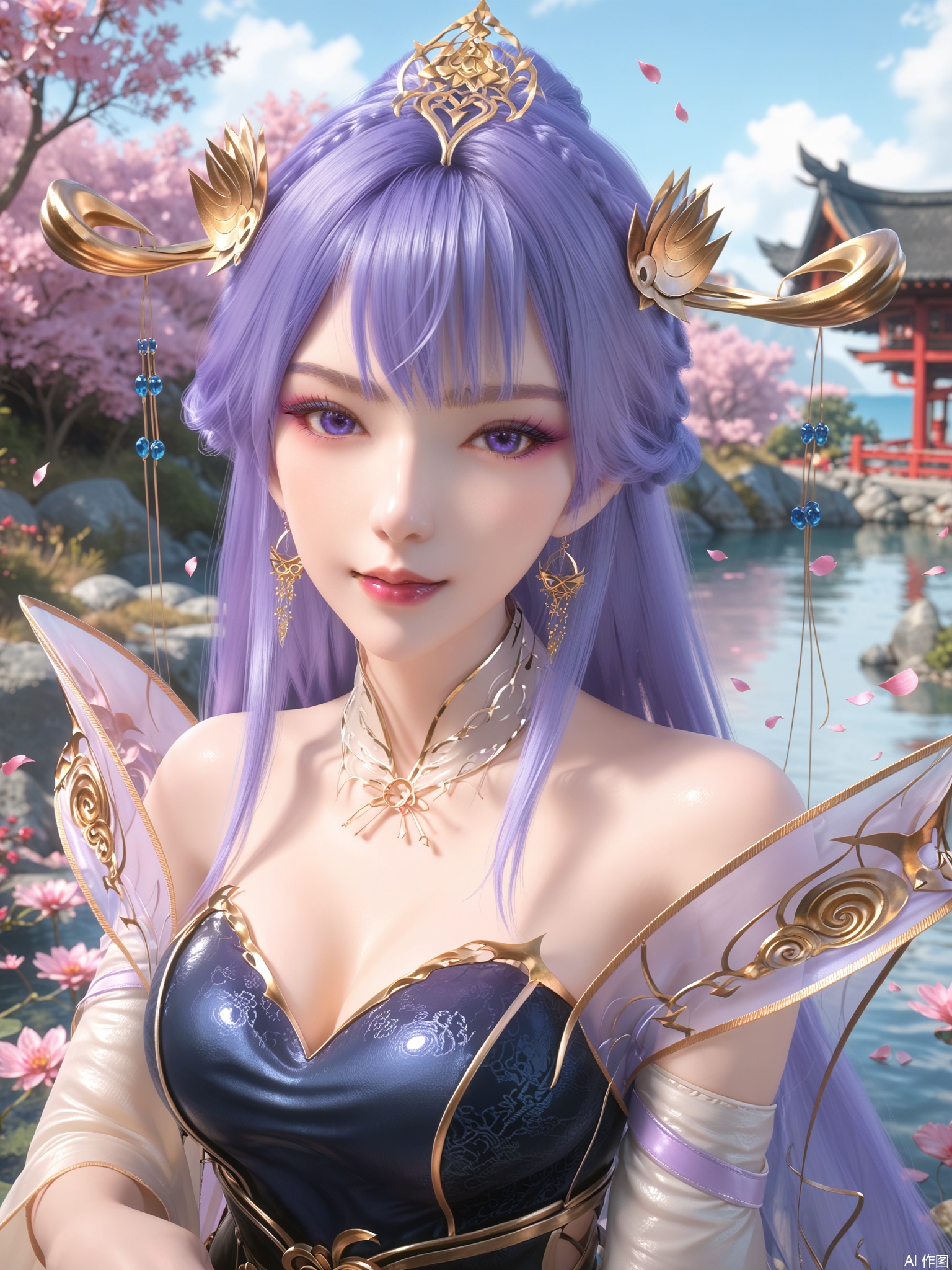 score_9,score_8_up,score_7_up,1girl,looking_at_viewer,realistic,1girl,Vivid Colors,bright environment,delicate water,hair_ornament,shiny skin,shiny hair,reflection,dress,jewelry,flower sea,falling petals,extreme detail description,(upper body:0.5),put one hand on your side,long_hair,(skindentation:1),Fishnet stockings,sunshine on face,chinese_clothes,(wariza:1),pale_skin,purple-hair,
