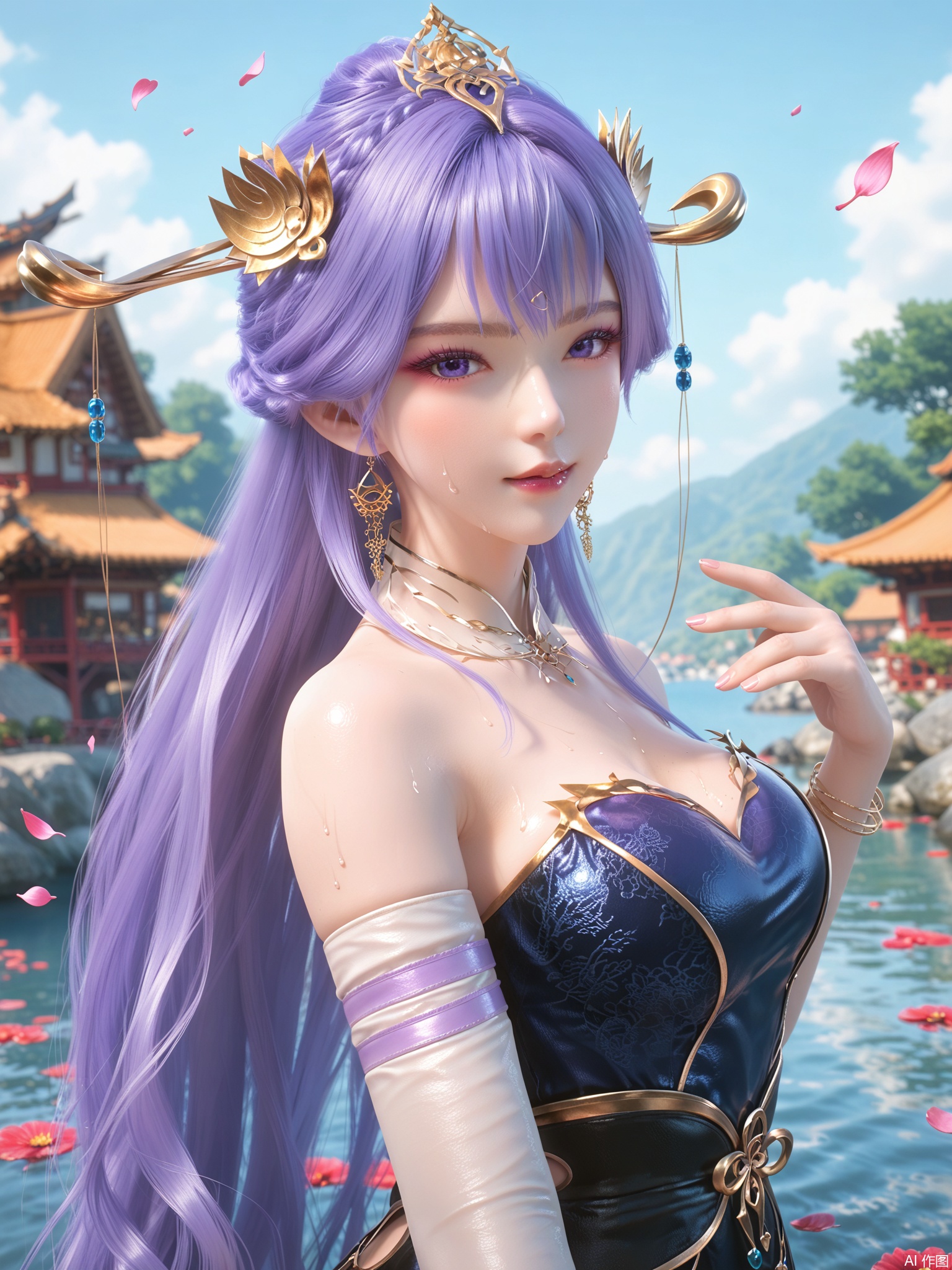 score_9,score_8_up,score_7_up,1girl,looking_at_viewer,realistic,1girl,Vivid Colors,bright environment,delicate water,hair_ornament,shiny skin,shiny hair,reflection,dress,jewelry,flower sea,falling petals,extreme detail description,(upper body:0.5),put one hand on your side,long_hair,(skindentation:1.3),Fishnet stockings,bright,sunshine on face,chinese_clothes,light,sweating,(wariza:1.5),pale_skin,purple-hair