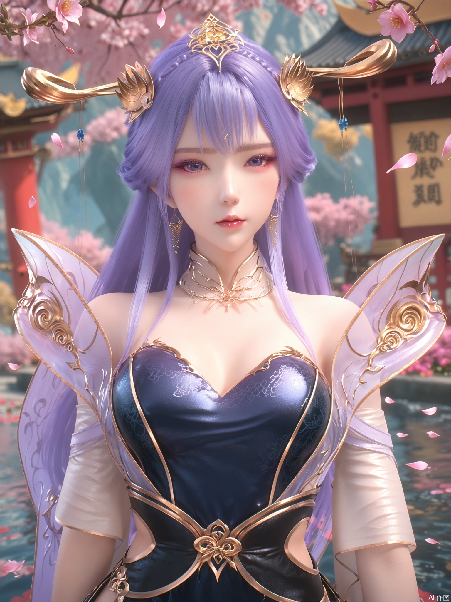 score_9,score_8_up,score_7_up,1girl,looking_at_viewer,realistic,1girl,delicate water,hair_ornament,shiny skin,shiny hair,reflection,dress,jewelry,flower sea,falling petals,extreme detail description,(upper body:0.3),put one hand on your side,long_hair,skindentation,Fishnet stockings,sunshine on face,chinese_clothes,wariza,pale_skin,purple-hair,blush,shy,mouth_open