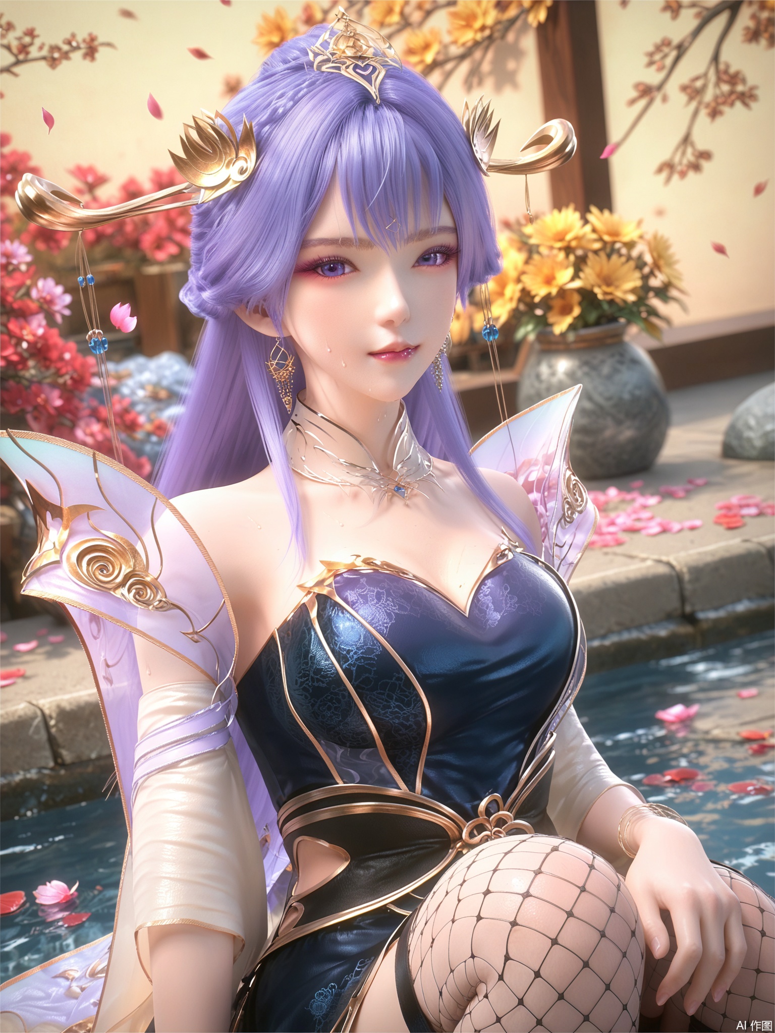 score_9,score_8_up,score_7_up,1girl,looking_at_viewer,realistic,1girl,Vivid Colors,bright environment,delicate water,hair_ornament,shiny skin,shiny hair,reflection,dress,jewelry,flower sea,falling petals,extreme detail description,(upper body:0.5),put one hand on your side,long_hair,(skindentation:1.3),Fishnet stockings,bright,sunshine on face,chinese_clothes,light,sweating,(wariza:1.5),pale_skin,purple-hair