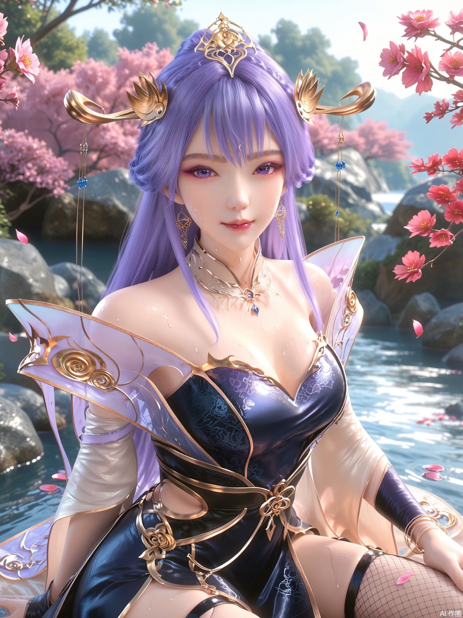 score_9,score_8_up,score_7_up,1girl,looking_at_viewer,realistic,1girl,Vivid Colors,bright environment,delicate water,hair_ornament,shiny skin,shiny hair,reflection,dress,jewelry,flower sea,falling petals,extreme detail description,(upper body:0.5),put one hand on your side,long_hair,(skindentation:1.3),Fishnet stockings,bright,sunshine on face,chinese_clothes,light,sweating,(wariza:1.5),pale_skin,purple-hair