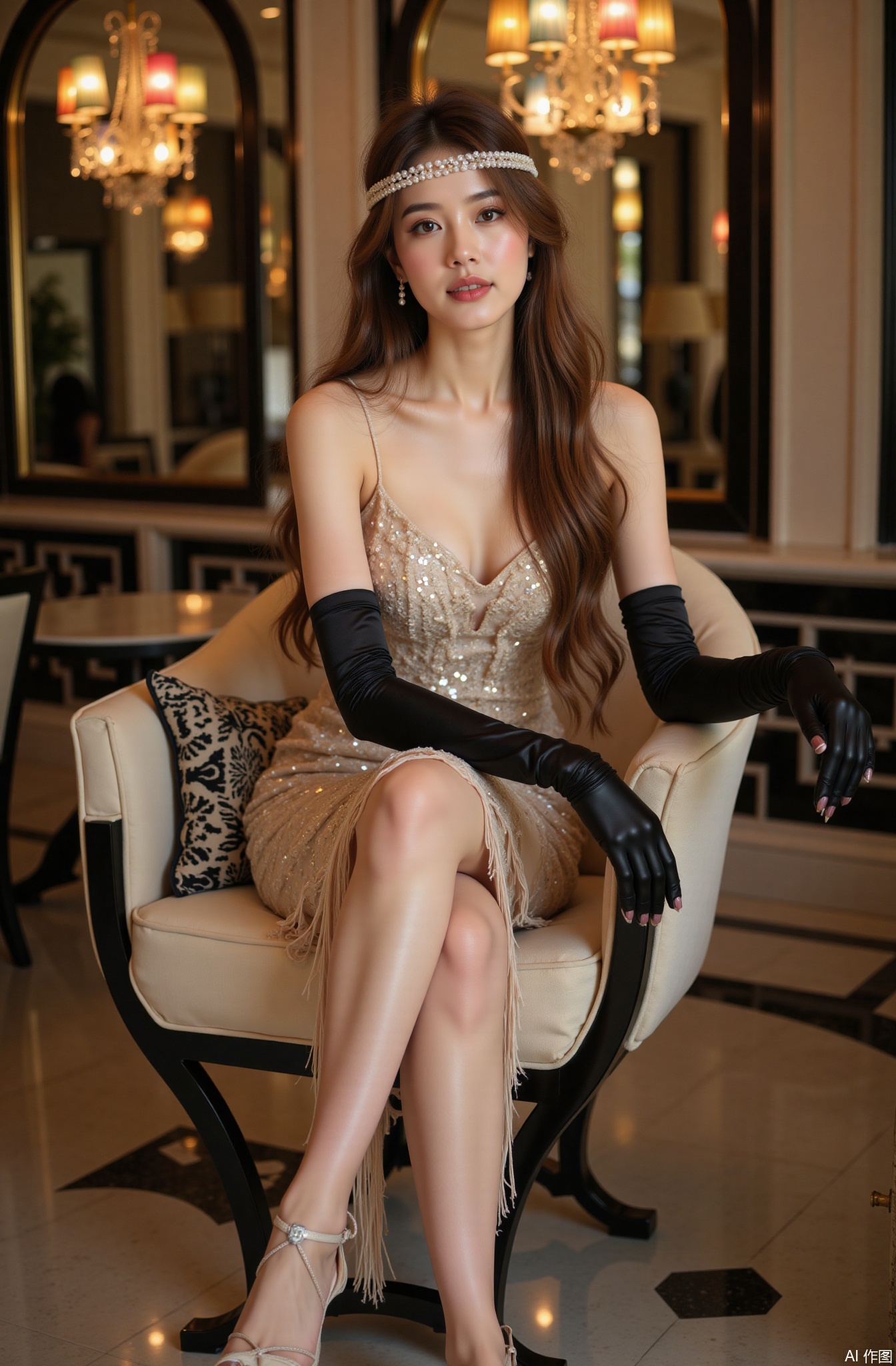 A real photo of 1 girl with long flowing hair, fair skin, big breasts, bare shoulders, having pearl - drop earrings, a 1920s - style flapper dress in champagne - colored satin. The dress is adorned with hundreds of tiny sequins that sparkle with every movement, creating a dazzling effect. It has a dropped waist and fringe that sways gently as she sits. She wears a beaded headband across her forehead and long, elbow - length gloves in black silk. On her feet are silver - strapped high - heeled shoes. She is sitting in a luxurious art deco - themed parlor. The parlor is furnished with sleek, geometric - shaped furniture in black and white, and there are mirrors with ornate frames on the walls. The lighting is provided by chandeliers with colored glass shades, casting a soft, multi - colored glow. The overall color tone is glamorous and decadent, with a distinct 1920s charm, and the details of the dress, such as the sequins and the fringe, are exquisitely detailed.
