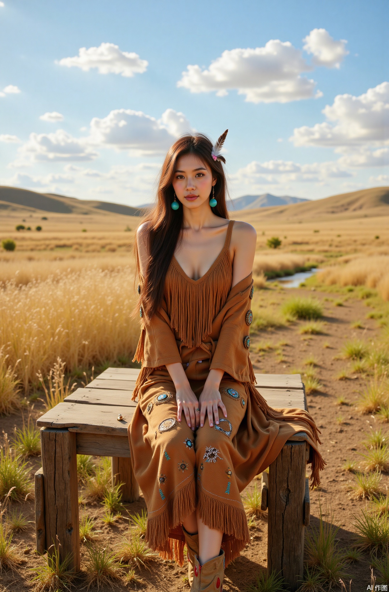 A real photo of 1 girl with long flowing hair, fair skin, big breasts, bare shoulders, wearing turquoise feather earrings, a fringed Native American - inspired suede top in earthy brown, a beaded leather skirt with geometric patterns in various earth tones, and moccasin boots adorned with small bells. She is sitting on a wooden teepee platform surrounded by a prairie landscape. The tall, golden grass sways gently in the breeze. In the distance, there are rolling hills and a small stream meandering through. The sky is a vast expanse of bright blue with fluffy white clouds. The light is warm and golden, casting long shadows. The overall color tone is earthy and natural, with a touch of ethnic flair, and the details of her clothing, such as the intricate beadwork on the skirt and the soft texture of the suede, are exquisitely rendered.