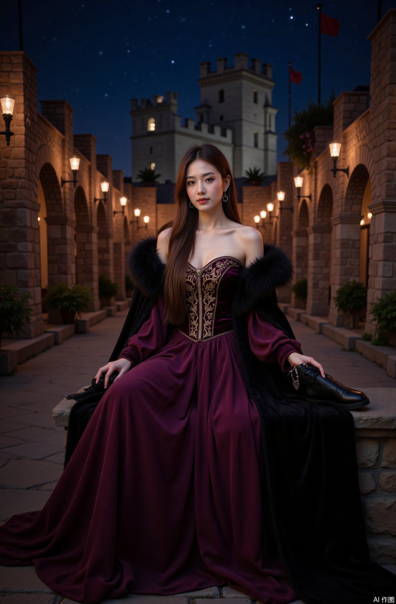 A real photo of 1 girl with long flowing hair, fair skin, big breasts, bare shoulders, wearing amethyst - studded crescent moon earrings, a medieval - inspired velvet dress in deep plum. The dress has a fitted bodice with gold - embroidered patterns of vines and flowers, and a wide, flowing skirt with layers of tulle underneath for added volume. She also wears a long, black velvet cape with a fur - trimmed collar. On her feet are black leather ankle boots with silver buckles. She is seated on a stone bench in a castle courtyard. The courtyard is surrounded by high stone walls with flags fluttering in the wind. There are torches mounted on the walls, casting a warm, orange glow. In the background, the castle's towers rise majestically against a dark, star - filled sky. The overall color tone is rich and mysterious, with a strong medieval aesthetic, and the details of the dress, like the embroidery and the texture of the velvet, are masterfully crafted.
