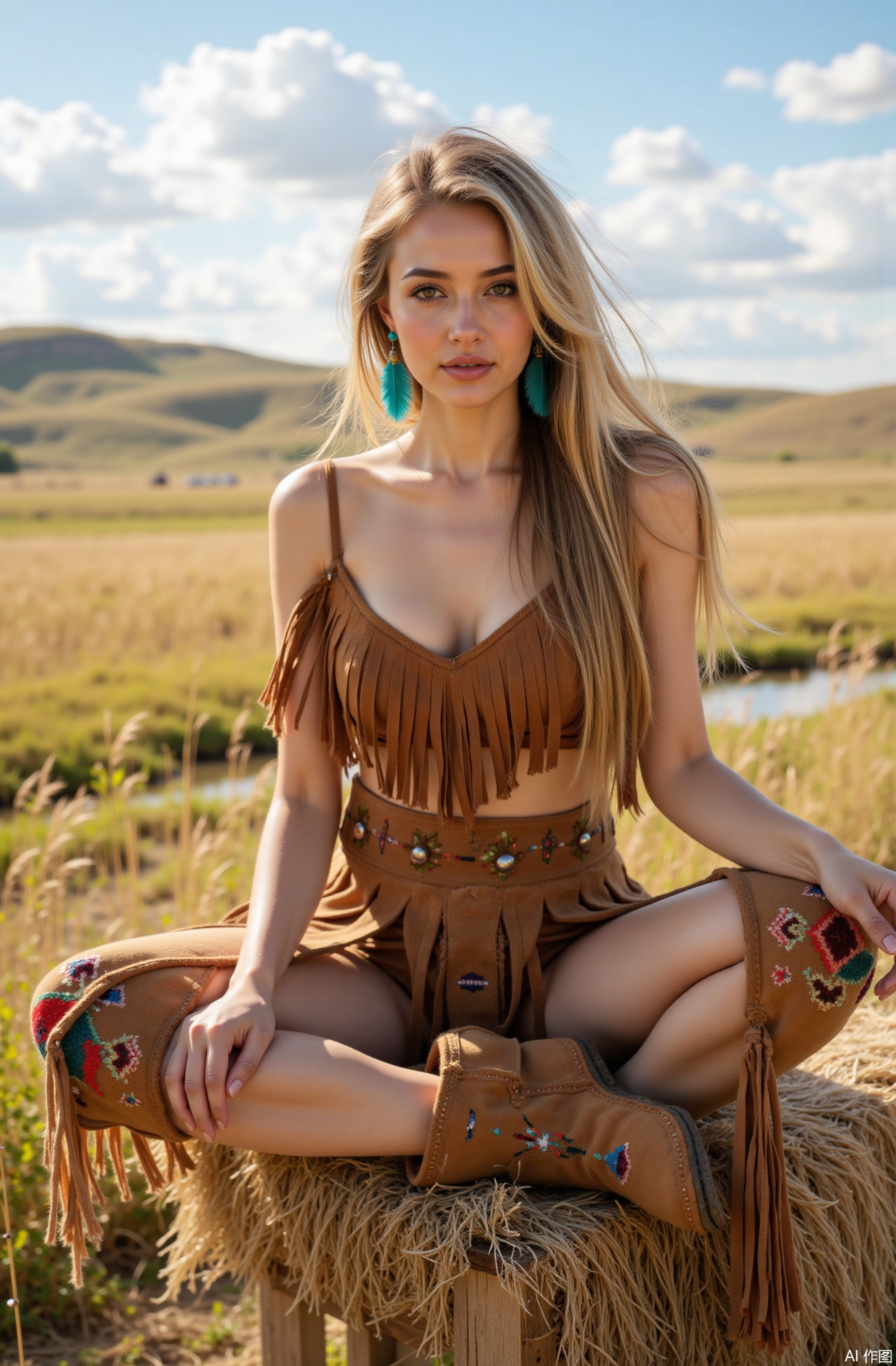 A real photo of 1 girl with long flowing hair, fair skin, big breasts, bare shoulders, wearing turquoise feather earrings, a fringed Native American - inspired suede top in earthy brown, a beaded leather skirt with geometric patterns in various earth tones, and moccasin boots adorned with small bells. She is sitting on a wooden teepee platform surrounded by a prairie landscape. The tall, golden grass sways gently in the breeze. In the distance, there are rolling hills and a small stream meandering through. The sky is a vast expanse of bright blue with fluffy white clouds. The light is warm and golden, casting long shadows. The overall color tone is earthy and natural, with a touch of ethnic flair, and the details of her clothing, such as the intricate beadwork on the skirt and the soft texture of the suede, are exquisitely rendered.
