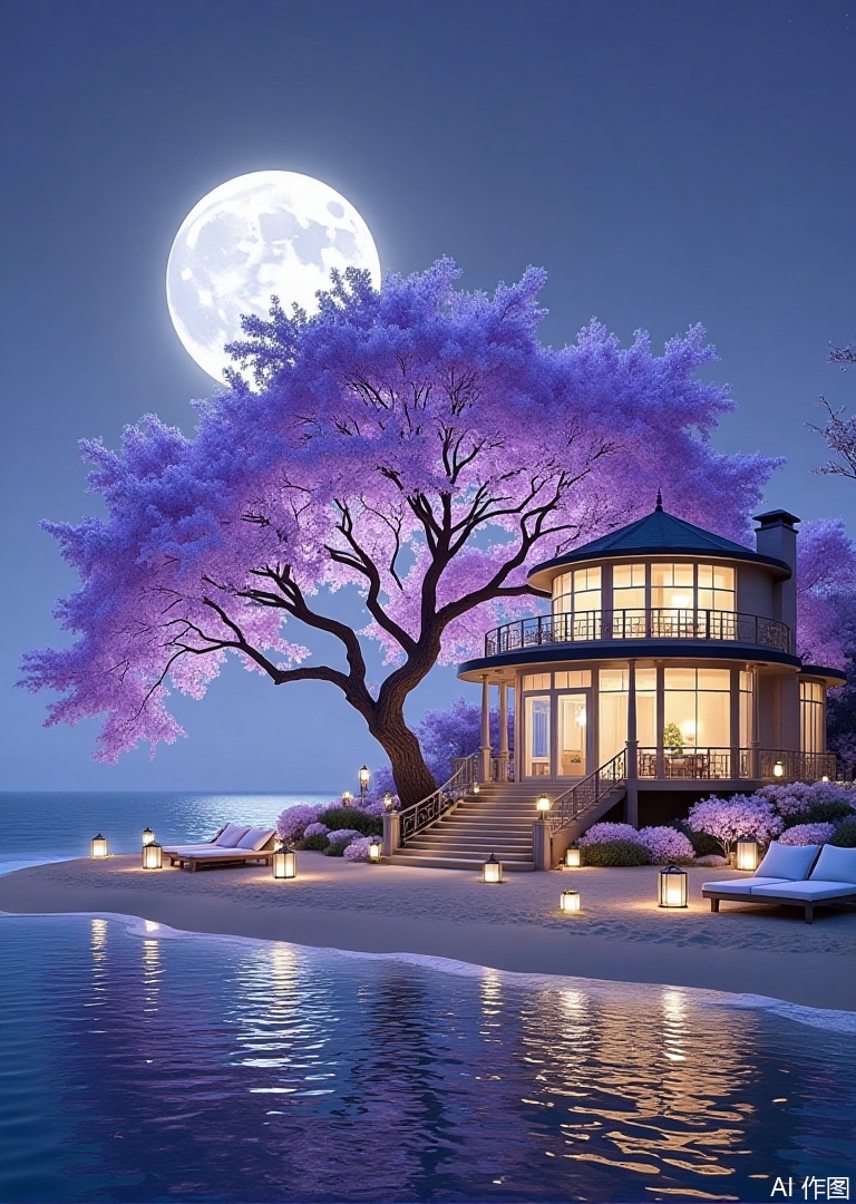 Photograph of a serene

nighttime beach scene featuring a large

full moon illuminating a tranquil sea. A luxurious

two-story villa with a wrap-around balcony stands on the right

bathed in soft

warm light. The villa's design is modern with a touch of classic elegance. A large

blooming tree with vibrant purple flowers is centered behind the villa

its branches extending towards the sky. The beach is lined with white lanterns and white cushioned chairs. The water reflects the moonlight and the lanterns

creating a peaceful

dreamlike atmosphere. The sky is clear

enhancing the overall calm and picturesque setting.

