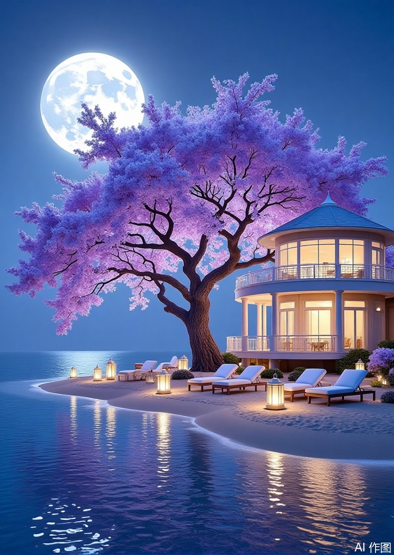 Photograph of a serene

nighttime beach scene featuring a large

full moon illuminating a tranquil sea. A luxurious

two-story villa with a wrap-around balcony stands on the right

bathed in soft

warm light. The villa's design is modern with a touch of classic elegance. A large

blooming tree with vibrant purple flowers is centered behind the villa

its branches extending towards the sky. The beach is lined with white lanterns and white cushioned chairs. The water reflects the moonlight and the lanterns

creating a peaceful

dreamlike atmosphere. The sky is clear

enhancing the overall calm and picturesque setting.


