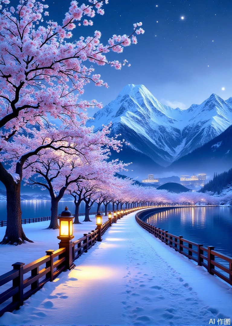 A serene

snow-covered path lined with cherry blossom trees

glowing lanterns

and wooden fences

leads to a calm lake at night. The sky is a deep blue

reflecting the stars and the soft glow of the lanterns. The trees are illuminated by the lanterns

casting a warm

yellow light against the snow. In the background

snow-capped mountains rise

adding to the tranquil ambiance. The scene is rich in detail

with the snow's texture and the lanterns' light creating a cozy

inviting atmosphere. The composition is balanced

with the path guiding the viewer's eye through the serene landscape. Digital art

high resolution.

