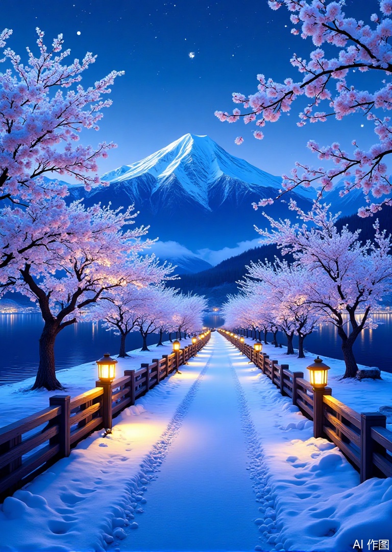A serene

snow-covered path lined with cherry blossom trees

glowing lanterns

and wooden fences

leads to a calm lake at night. The sky is a deep blue

reflecting the stars and the soft glow of the lanterns. The trees are illuminated by the lanterns

casting a warm

yellow light against the snow. In the background

snow-capped mountains rise

adding to the tranquil ambiance. The scene is rich in detail

with the snow's texture and the lanterns' light creating a cozy

inviting atmosphere. The composition is balanced

with the path guiding the viewer's eye through the serene landscape. Digital art

high resolution.

