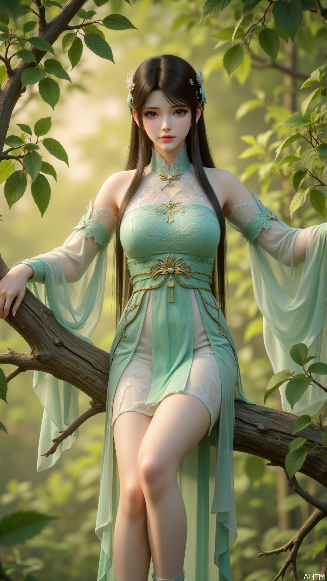 1 girl, solo, long hair, looking at the viewer, brown hair, black hair, hair accessories, dress, brown eyes, Chinese clothes, stretched out arms, green dress, sitting on the branches, putting legs on the branches, lush leaves, sunlight spills through the gaps of the leaves, making him look particularly charming
