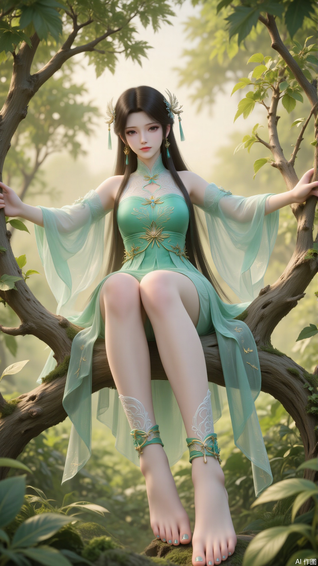 1 girl, solo, long hair, looking at the viewer, brown hair, black hair, hair accessories, dress, brown eyes, Chinese clothes, stretched out arms, green dress, sitting on the branches, putting legs on the branches, lush leaves, sunlight spills through the gaps of the leaves, making him look particularly charming