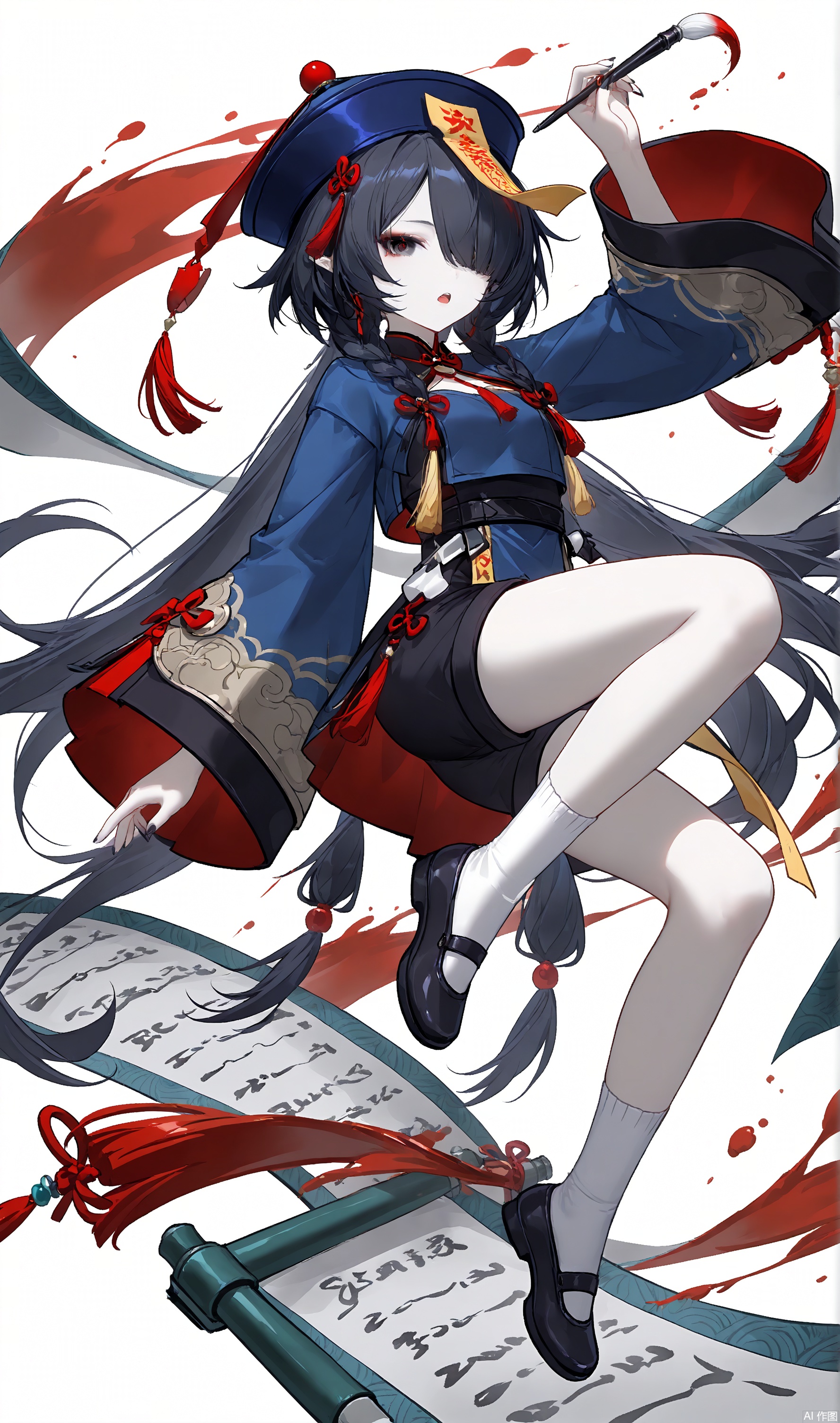 1girl, solo, long hair, looking at viewer, open mouth, simple background, black hair, long sleeves, hat, white background, holding, very long hair, full body, braid, shorts, pointy ears, wide sleeves, hair over one eye, black eyes, pale skin, blue headwear, paintbrush, scroll, jiangshi, calligraphy brush, talisman, holding paintbrush, holding brush