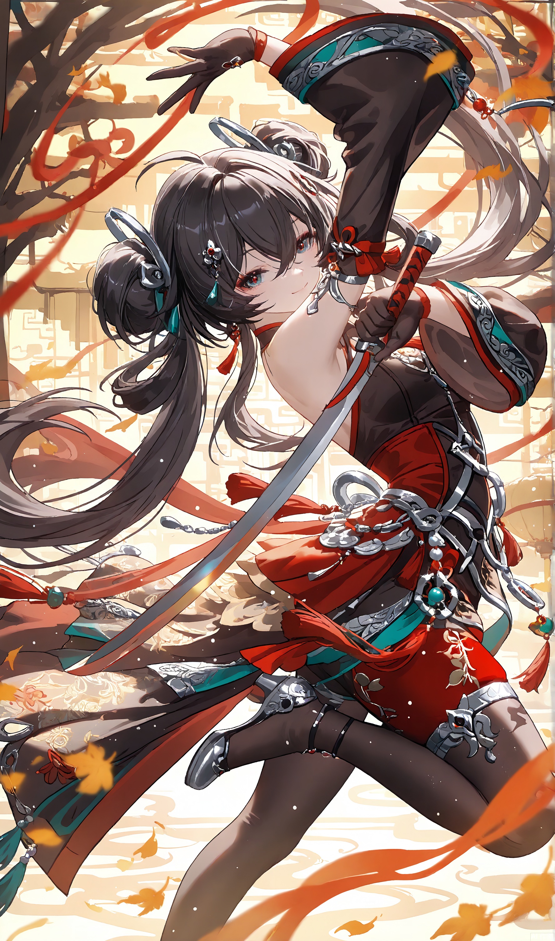  1girl,(Dynamic Pose:1.5),Chinese Yi ethnic clothing,Silver metal headwear,Yi ethnic metal jewelry,A girl from the Yi ethnic group holds hands and performs a traditional dance. She is dressed in Yi ethnic costumes and has a bright smile, showing off her youthful vitality, 1girl, hand