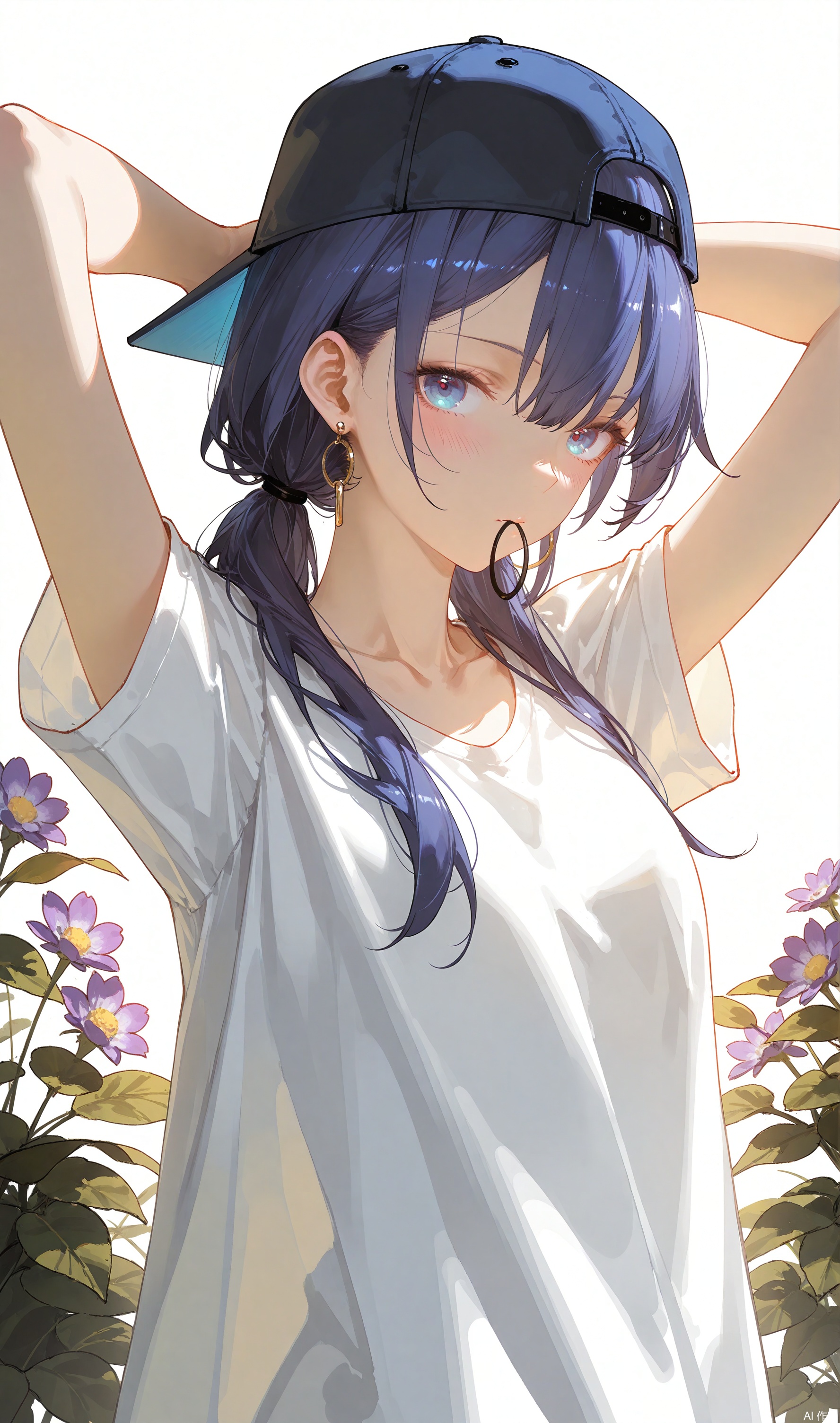 sketch lines,mixed media,conceptual art, z3zz4, dino \(dinoartforame\), ichika \(ichika87\), toosaka asagi, nekojira, rhasta, rella
1girl, solo, long hair, breasts, looking at viewer, blush, bangs, blue eyes, shirt, hat, hair between eyes, jewelry, blue hair, collarbone, white shirt, upper body, flower, short sleeves, earrings, arms up, mouth hold, plant, t-shirt, arms behind head, baseball cap, hoop earrings, hair tie, purple flower, tying hair, backwards hat, hair tie in mouth