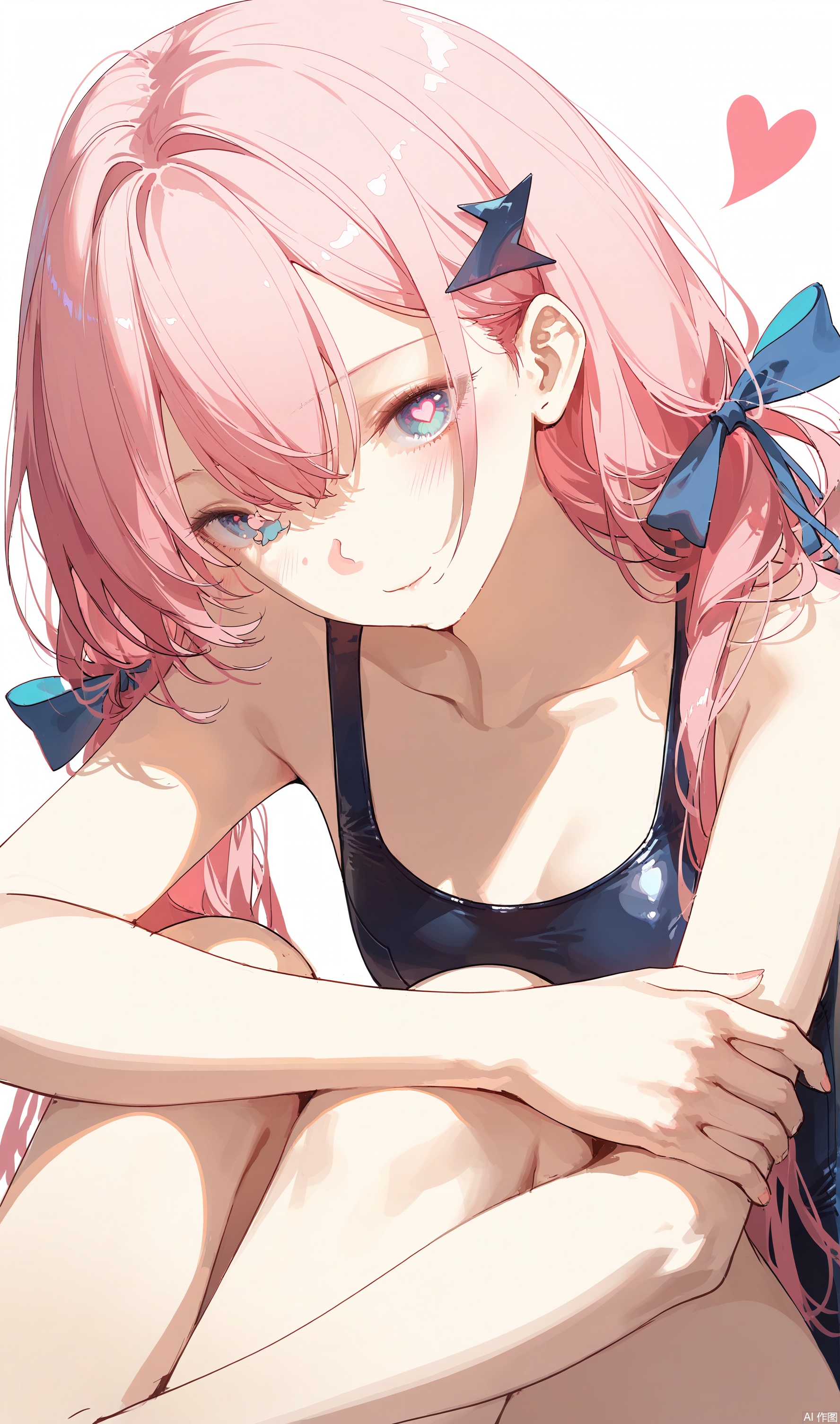 sketch lines,mixed media,conceptual art, z3zz4, dino \(dinoartforame\), ichika \(ichika87\), toosaka asagi, nekojira, rhasta, rella
1girl, solo, long hair, breasts, looking at viewer, blush, smile, bangs, blue eyes, simple background, hair ornament, white background, ribbon, hair between eyes, bare shoulders, twintails, sitting, closed mouth, swimsuit, hair ribbon, pink hair, heart, multicolored hair, small breasts, one-piece swimsuit, symbol-shaped pupils, low twintails, heart-shaped pupils, school swimsuit, blue ribbon, knees up, blue one-piece swimsuit, hugging own legs