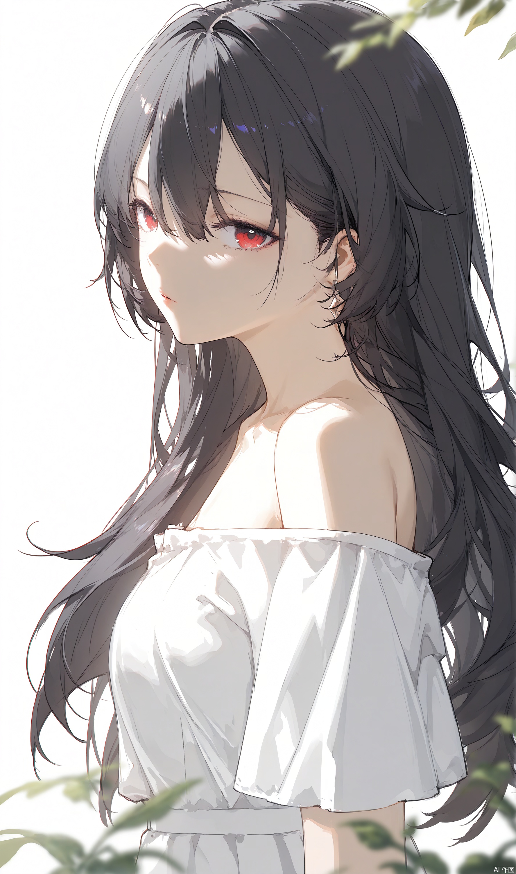 sketch lines,mixed media,conceptual art, z3zz4, dino \(dinoartforame\), ichika \(ichika87\), toosaka asagi, nekojira, rhasta, rella
1girl, solo, long hair, looking at viewer, bangs, simple background, shirt, black hair, red eyes, white background, dress, hair between eyes, bare shoulders, white shirt, upper body, short sleeves, grey background, off shoulder, white dress, blurry, from side, depth of field, blurry foreground