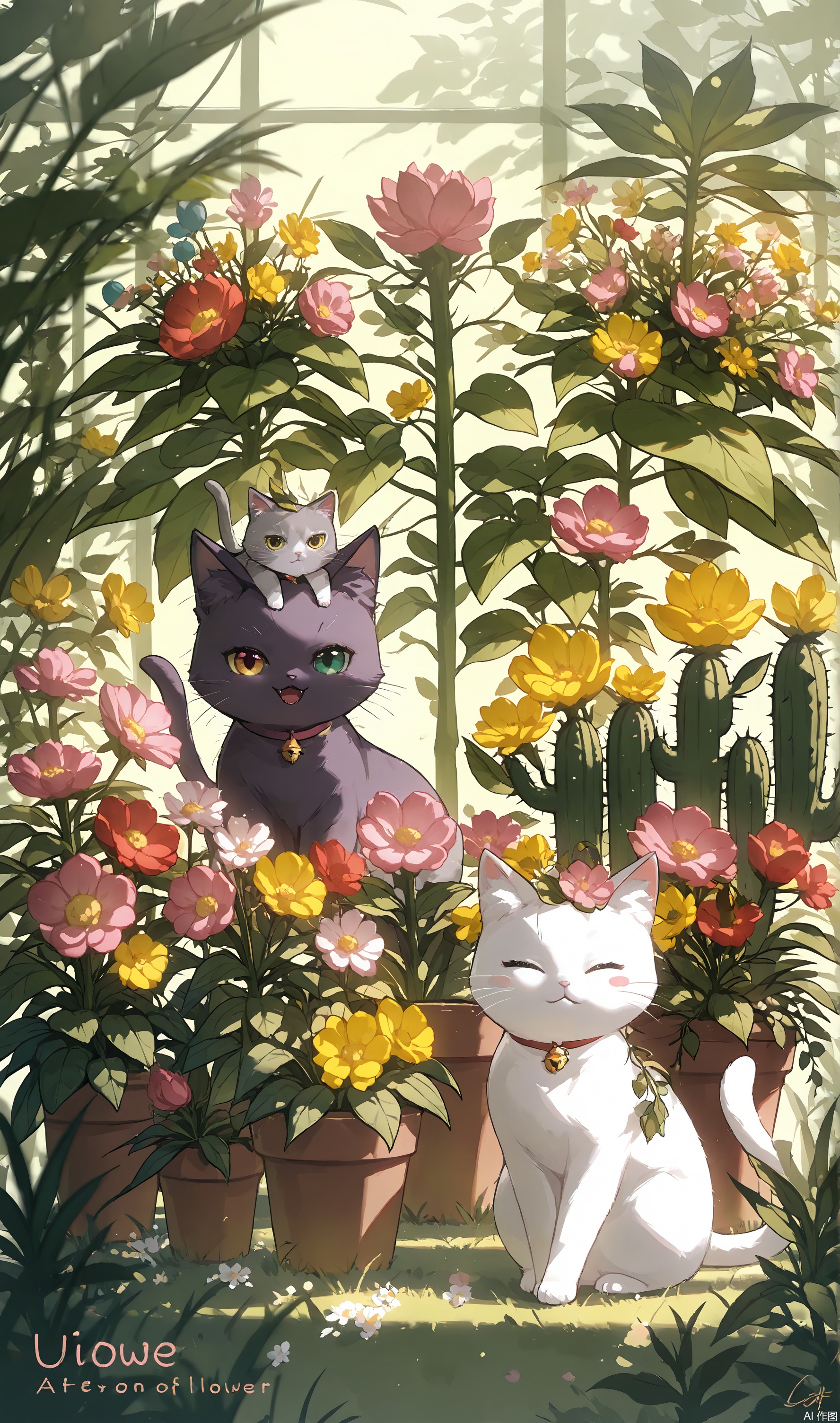 create an image of a cartoon black cat with a flower on head., open mouth, green eyes, english text, signature, animal focus, flower, plant, no humans, yellow flower, artist name, animal, animal ear fluff, closed eyes, pink eyes, animal ears, cat, looking at viewer, kitten, grey cat, yellow eyes, cactus, vines, fangs, heterochromia, white cat, grass, red flower, cat ears, purple cat, pink flower, closed mouth, smile, pink cat, leaf, blush stickers