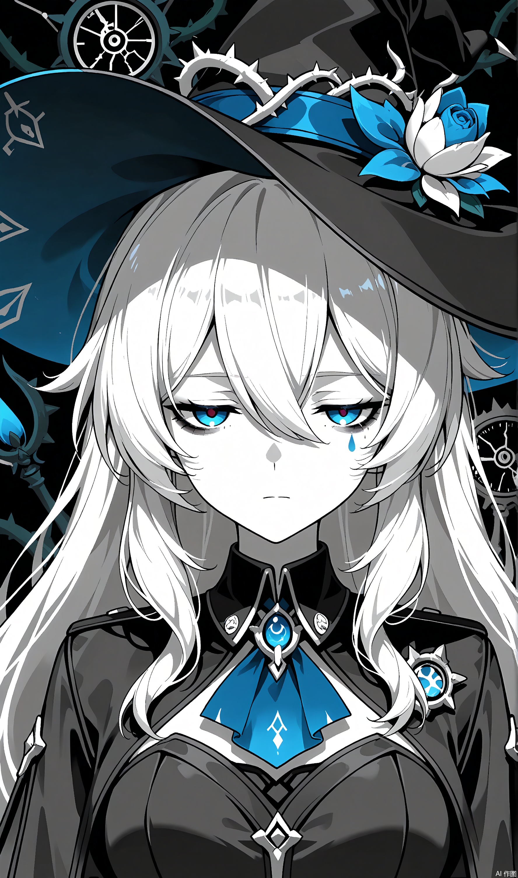 line art,line style,flat color,black background,dark,(monochrome),
1girl,solo,chibi,
blue eyes,white hair,long hair,hair between eyes,teardrop facial mark, 
witch hat,capelet,ascot,long sleeves,brooch,thorns,broken clock,tulip,
(upper body),close-up,pov,expressionless,half-closed eyes,(jitome),=_=,looking at viewer,bags under eyes,fatigue,cropped torso,
masterpiece,bestquality,onnk,(Artist_chen_bin:0.3),
