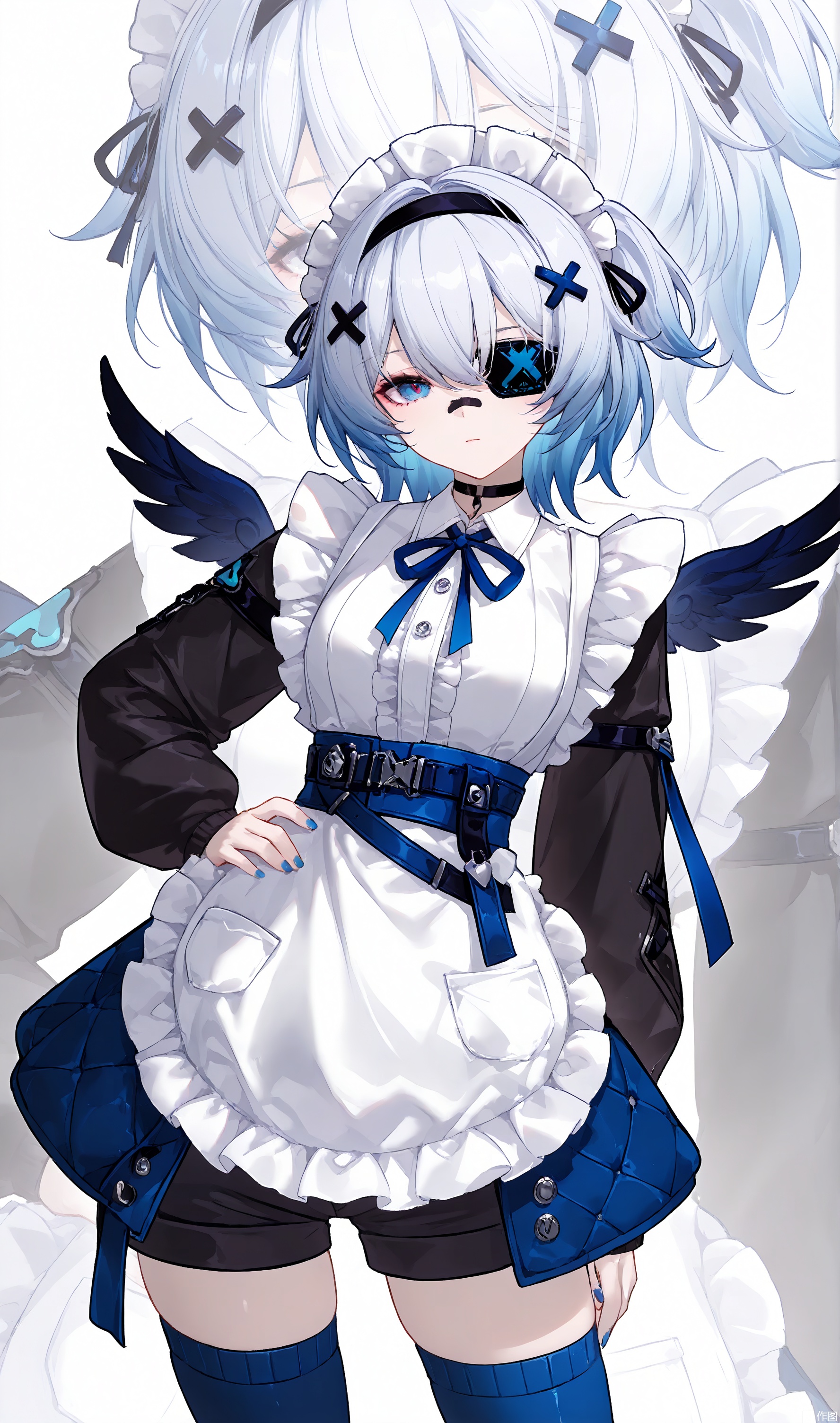 1girl, solo, breasts, looking at viewer, short hair, bangs, blue eyes, shirt, hair ornament, thighhighs, long sleeves, ribbon, closed mouth, blue hair, jacket, white hair, multicolored hair, cowboy shot, hairband, frills, open clothes, wings, shorts, choker, puffy sleeves, virtual youtuber, nail polish, apron, open jacket, black jacket, hand on hip, maid, maid headdress, neck ribbon, black choker, eyepatch, black hairband, blue ribbon, white apron, bandaid, maid apron, blue nails, frilled apron, zoom layer, blue thighhighs