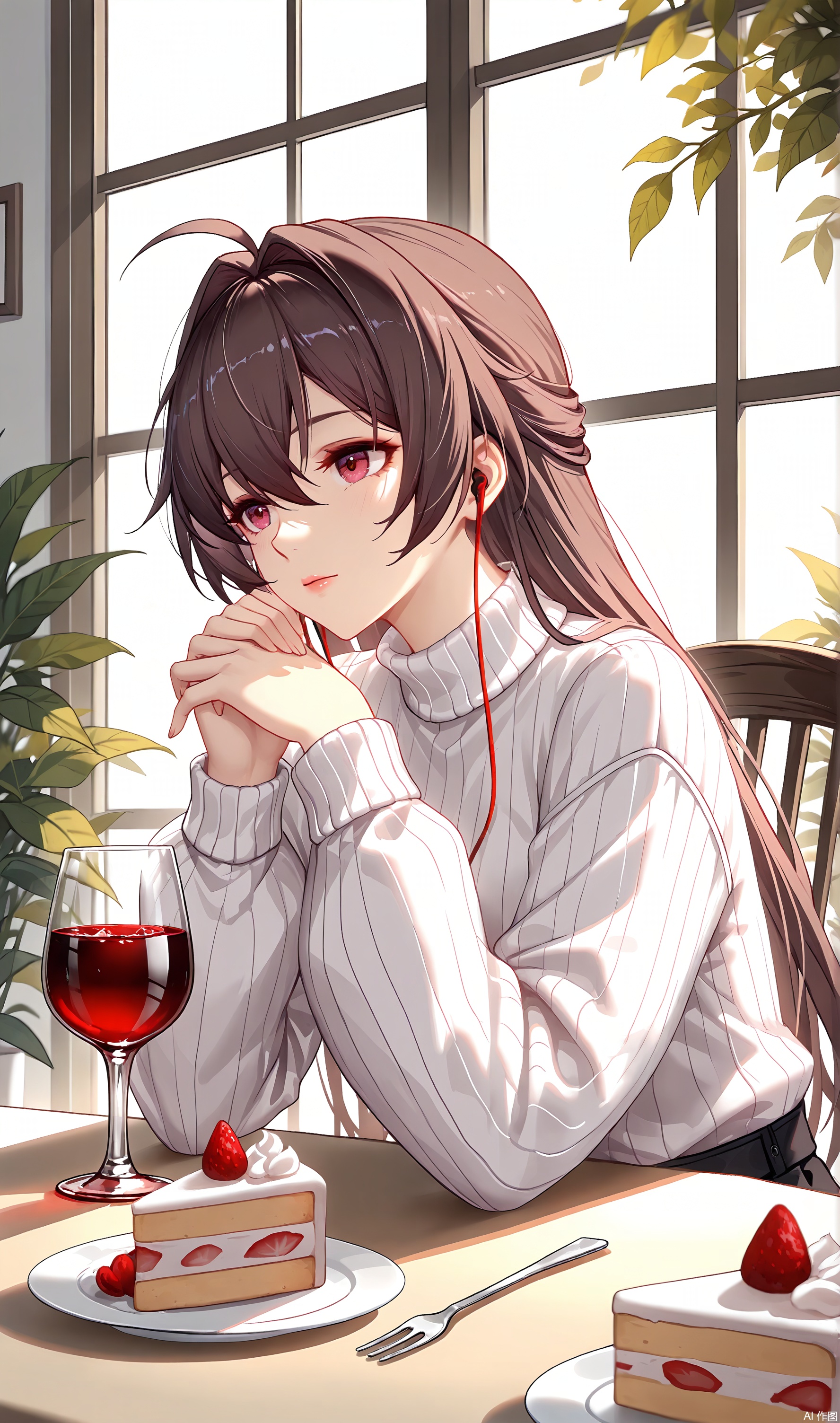  (Best Quality), (Masterpiece), (High Level), Illustrated, Original, Very Detailed, 1 Girl, Long Hair, Solo, Cup, Holding, Book, Fork, Straw, Plate, Indoor, Food, Sleeves Over Wrist,Sweater, Liu Hai, Long Sleeves, Sunshine, Blurred, Cake, Sitting, Table, Looking Side, Looking Far Away, Wine Glass, Lips, Windows, Brown Hair, Black Hair, Earphones, Cake Slices, Plants, Beverages, Sweater, Holding cup,