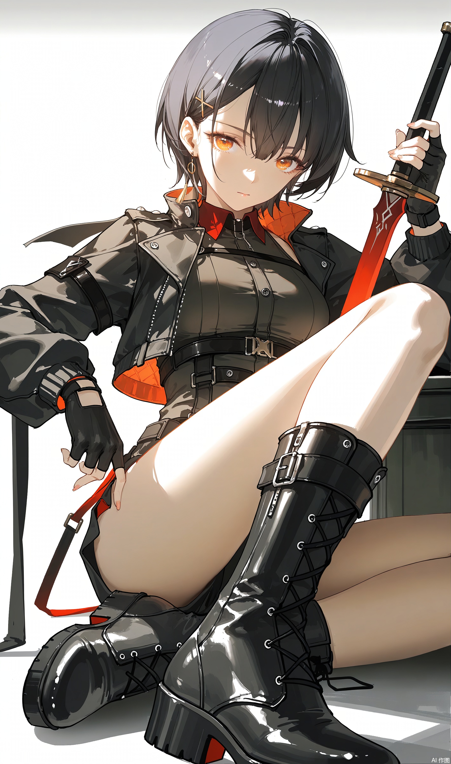 sketch lines,mixed media,conceptual art, z3zz4, dino \(dinoartforame\), ichika \(ichika87\), toosaka asagi, nekojira, rhasta, rella
1girl, solo, breasts, looking at viewer, short hair, bangs, black hair, gloves, long sleeves, white background, hair between eyes, sitting, jacket, weapon, thighs, boots, black gloves, sword, fingerless gloves, black footwear, black jacket, orange eyes