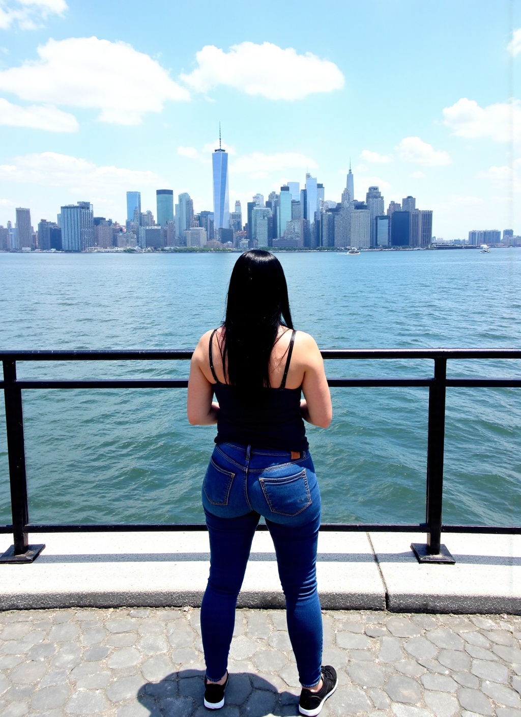 A person with black hair stands facing away from the camera,  looking out over a body of water toward a distant city skyli...