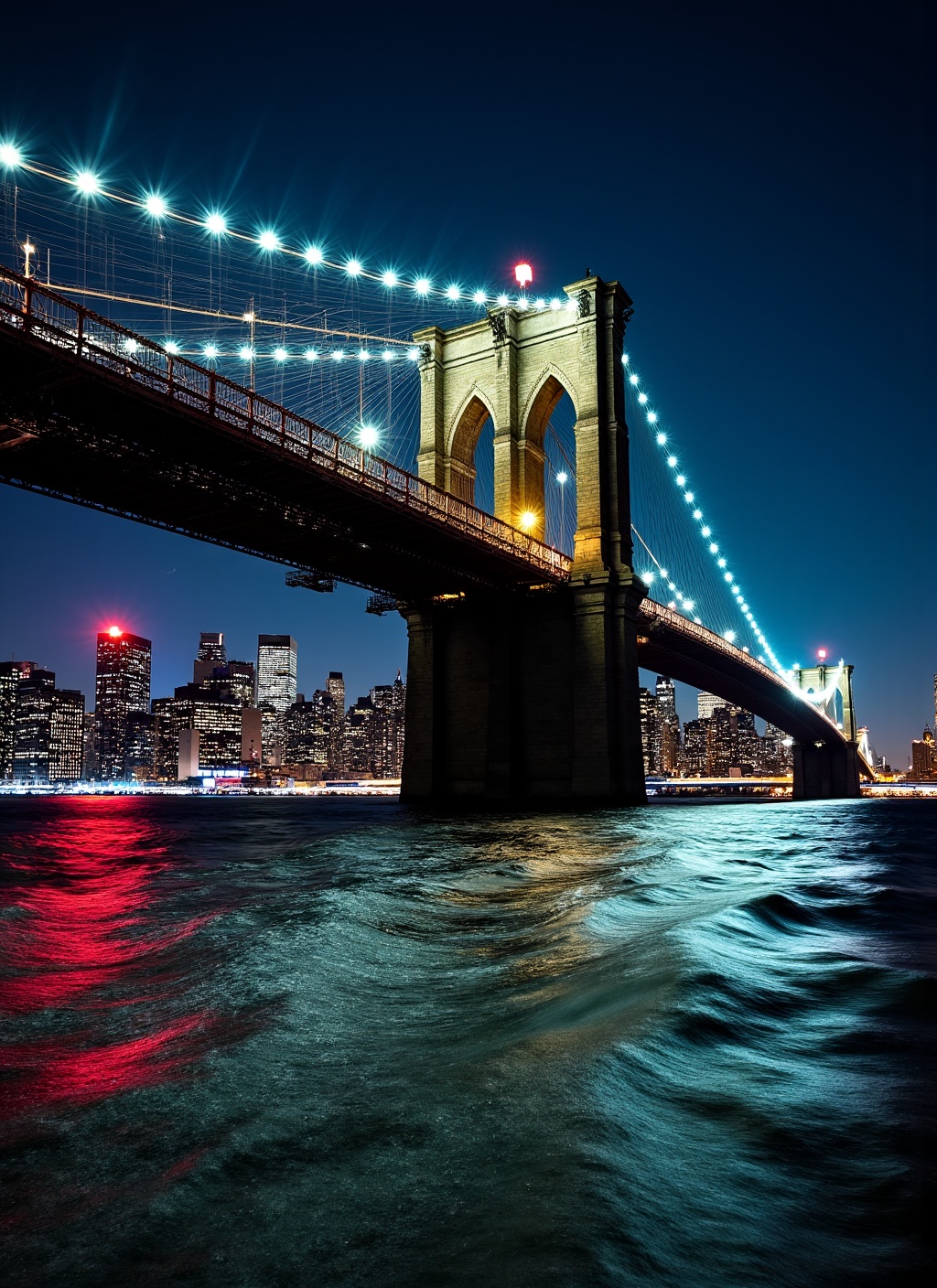 This is a stunning nighttime photograph capturing the Brooklyn Bridge from a vantage point on the water,  likely from a bo...