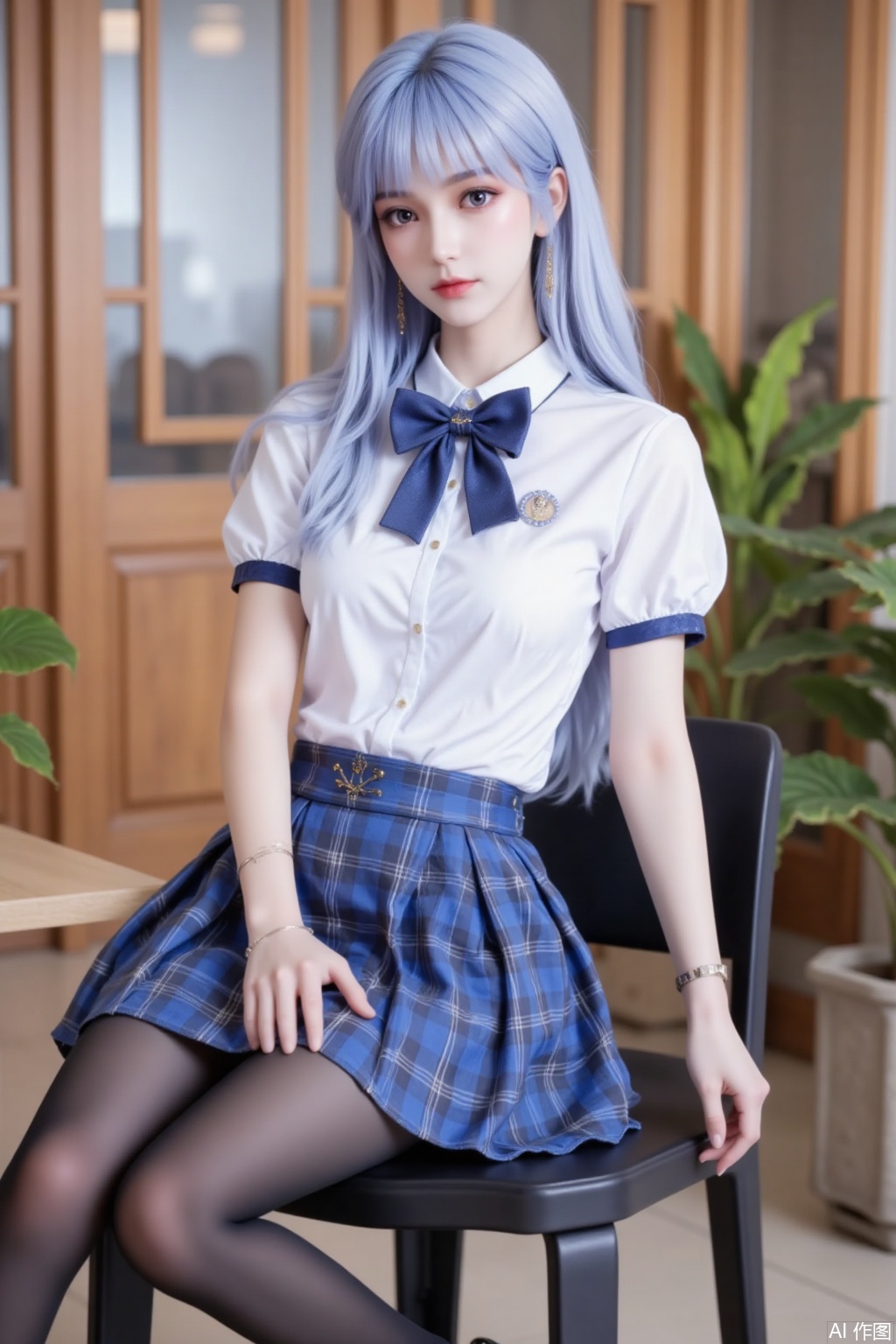 Long, light - blue hair with smooth tips. Wears a white short - sleeved shirt with a large blue plaid bow tie at the collar and a delicate small badge on the left chest. Paired with a blue plaid pleated miniskirt. Black tights cover the legs, and black low - heeled leather shoes are on the feet. Sits on a black chair. The background features indoor wooden doors and green plants, presenting an overall fresh and sweet school - girl style.