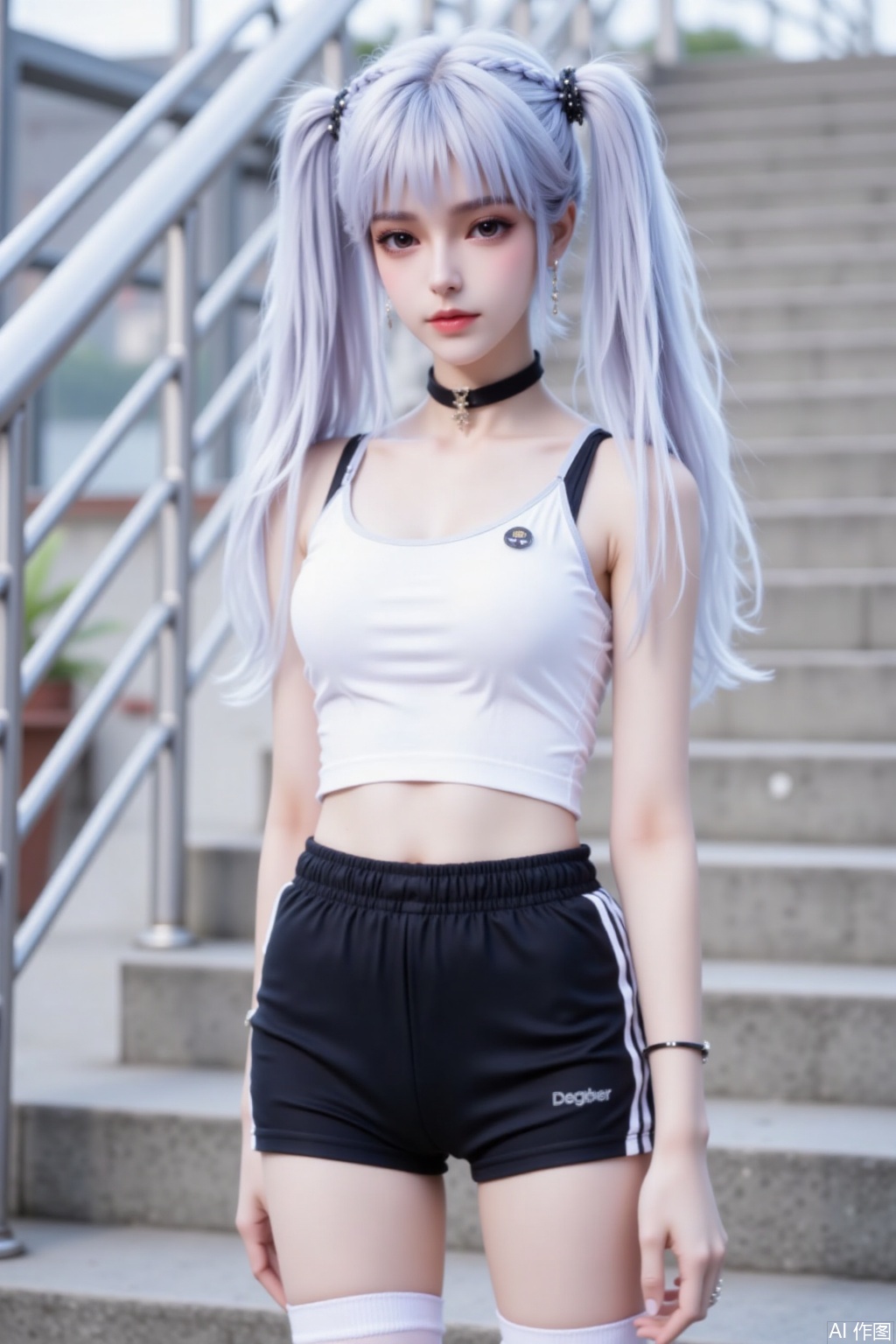 Silver - white hair styled in twin tails, adorned with braided hair ties. Wears a white cropped, mid -riff - baring top with thin black straps. Paired with black athletic shorts that have white stripes on the sides. White thigh - high socks cover the legs. A black choker with a small pendant adorns the neck. The background features outdoor steps and metal railings, creating an overall youthful, energetic, and slightly edgy style.