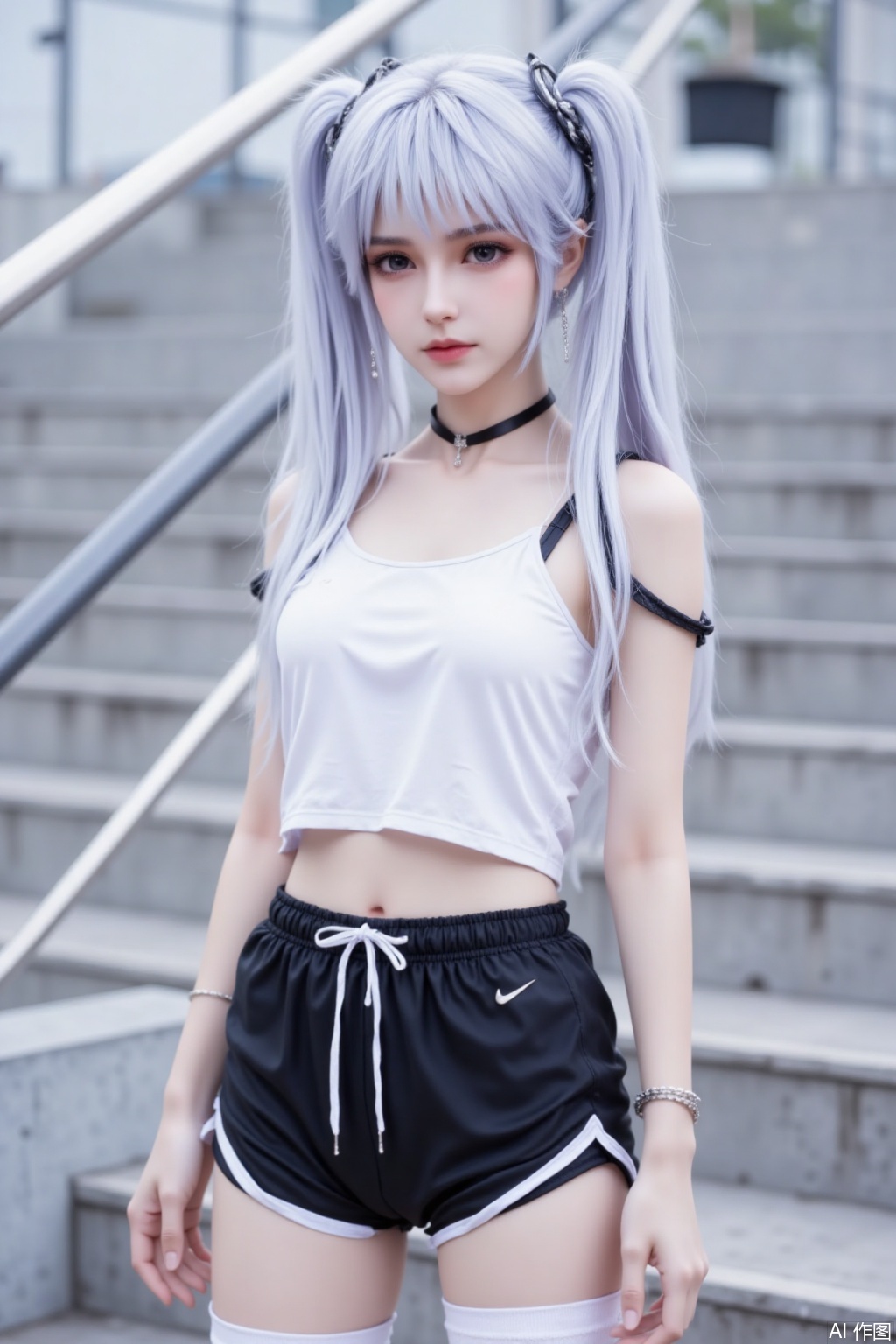 Silver - white hair styled in twin tails, adorned with braided hair ties. Wears a white cropped, mid -riff - baring top with thin black straps. Paired with black athletic shorts that have white stripes on the sides. White thigh - high socks cover the legs. A black choker with a small pendant adorns the neck. The background features outdoor steps and metal railings, creating an overall youthful, energetic, and slightly edgy style.