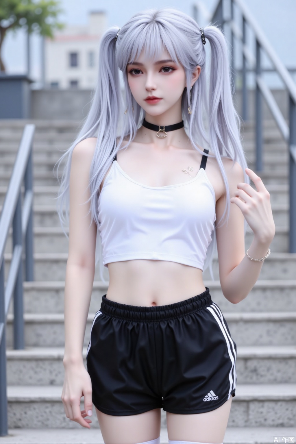 Silver - white hair styled in twin tails, adorned with braided hair ties. Wears a white cropped, mid -riff - baring top with thin black straps. Paired with black athletic shorts that have white stripes on the sides. White thigh - high socks cover the legs. A black choker with a small pendant adorns the neck. The background features outdoor steps and metal railings, creating an overall youthful, energetic, and slightly edgy style.
