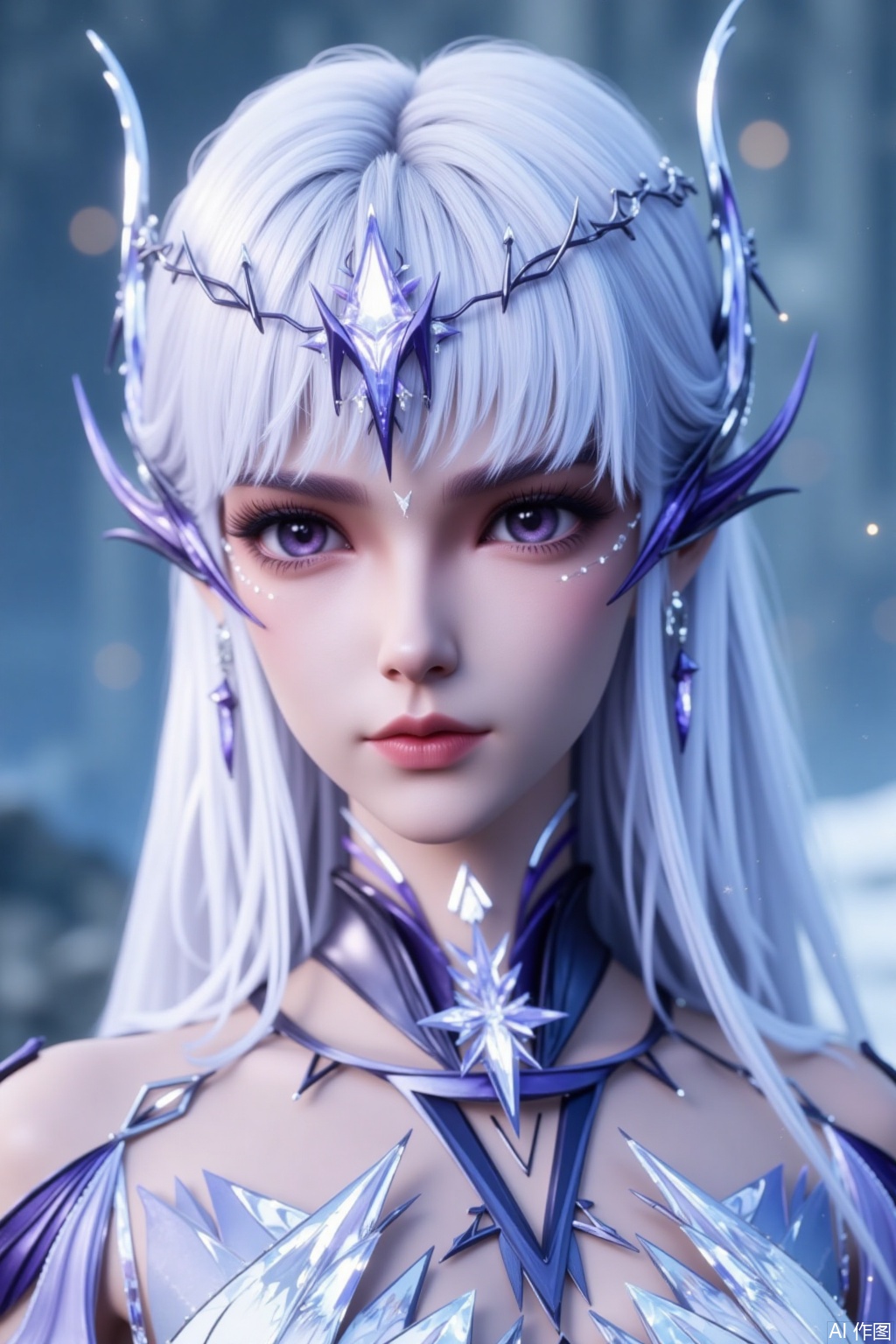 Upper body. White hair, smooth, shiny and abundant. There is an exquisite star - shaped ornament between the eyebrows, matched with a thorny - styled headdress and sharp crystal - like earrings on the sides. The eyes are purple, with long and thick eyelashes, and tiny sequins adorning the corners of the eyes. The lips are naturally rosy. A magnificent collar with geometric shapes and embedded crystals is worn around the neck. The overall look is full of a fantastical and cold elven style. Wearing a white dress.