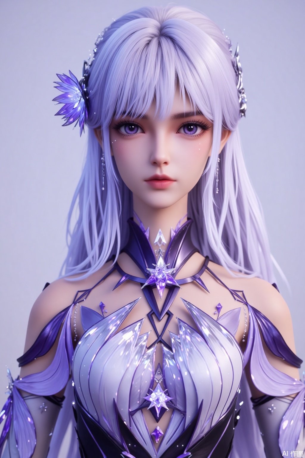 Long, silvery - white hair flows smoothly and gracefully. A delicate blue floral hair accessory is pinned on one side. The purple eyes are bright and expressive, with tiny sequins at the corners adding a touch of agility. The lip color is light and natural. Wears a costume in purple and white color scheme, adorned with numerous geometric cuts and crystal - like decorations. The collar is high - standing, and there is a star - shaped ornament around the neck. There are diamond - shaped cut - outs and purple crystal embellishments at the chest. The black area at the waist is paired with a large star - shaped purple crystal decoration. The overall look is fantastical and gorgeous, as if from a magical world.