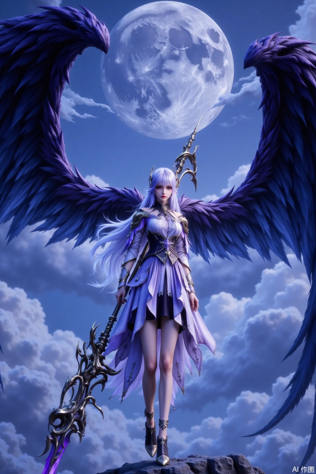 A silver - haired woman with her hair fluttering in the wind. She wears a light - colored battle dress in white and purple, with the skirt edges flowing gracefully. Behind her are a pair of huge black wings, with a faint purple sheen on the edges. She holds a large, intricately - designed blade weapon adorned with dark metal decorations. Her feet step on black sharp claws, surrounded by swirling clouds and mist. The background features a full moon hanging high in the night sky, with moonlight casting down, creating a mysterious and powerful dark magic atmosphere.