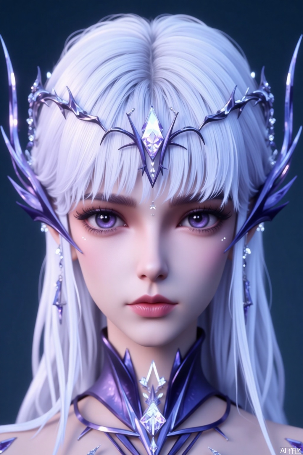 White - colored hair, smooth, shiny and abundant. Exquisite star - shaped ornament between the eyebrows, paired with a thorny - style headdress, and sharp crystal - like earrings on the sides. Eyes are purple, with long and thick eyelashes, and tiny sequin decorations at the corners of the eyes. Lips are naturally rosy. A magnificent collar with geometric shapes and embedded crystals around the neck. The overall look exudes a fantastical and cold - like elven style.