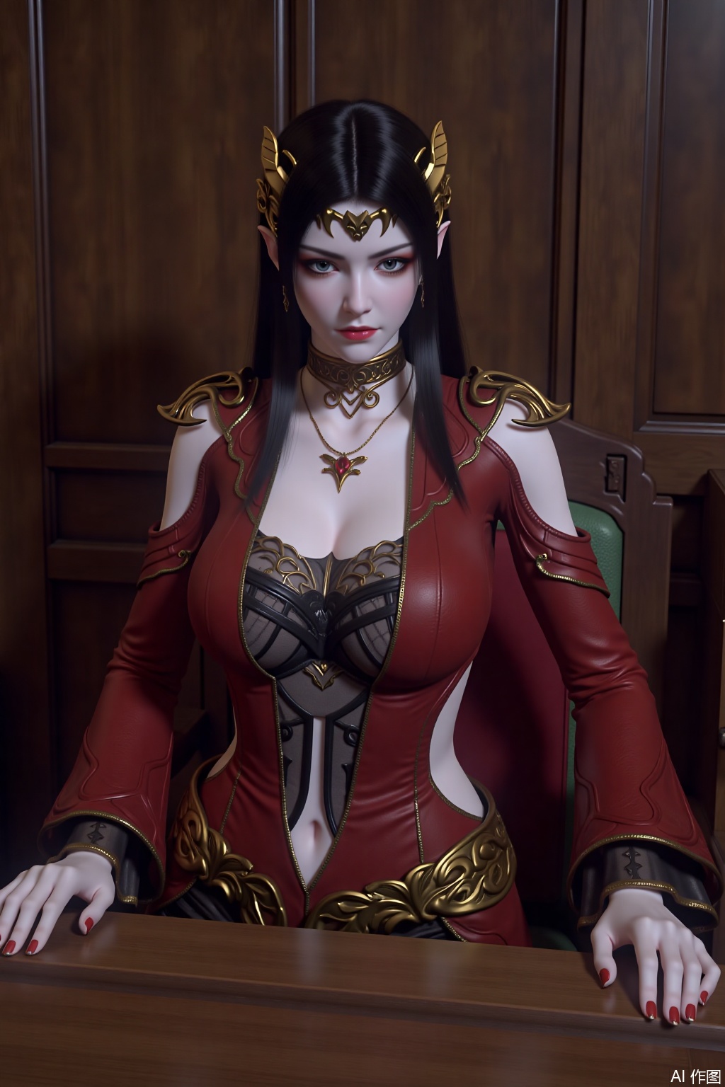 1girl, solo, long hair, breasts, looking at viewer, black hair, dress, jewelry, earrings, pointy ears, red dress, pale skin,Supporting the table with hands,big breasts,cleavage,learning forward,looking_at_viewer,indoor,MDS
