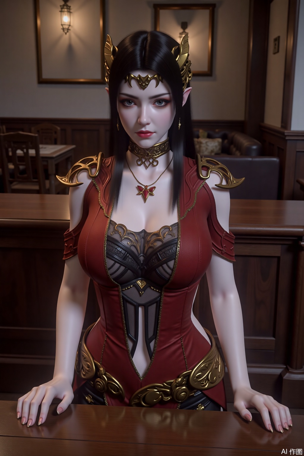 1girl, solo, long hair, breasts, looking at viewer, black hair, dress, jewelry, earrings, pointy ears, red dress, pale skin,Supporting the table with hands,big breasts,cleavage,learning forward,looking_at_viewer,indoor,MDS