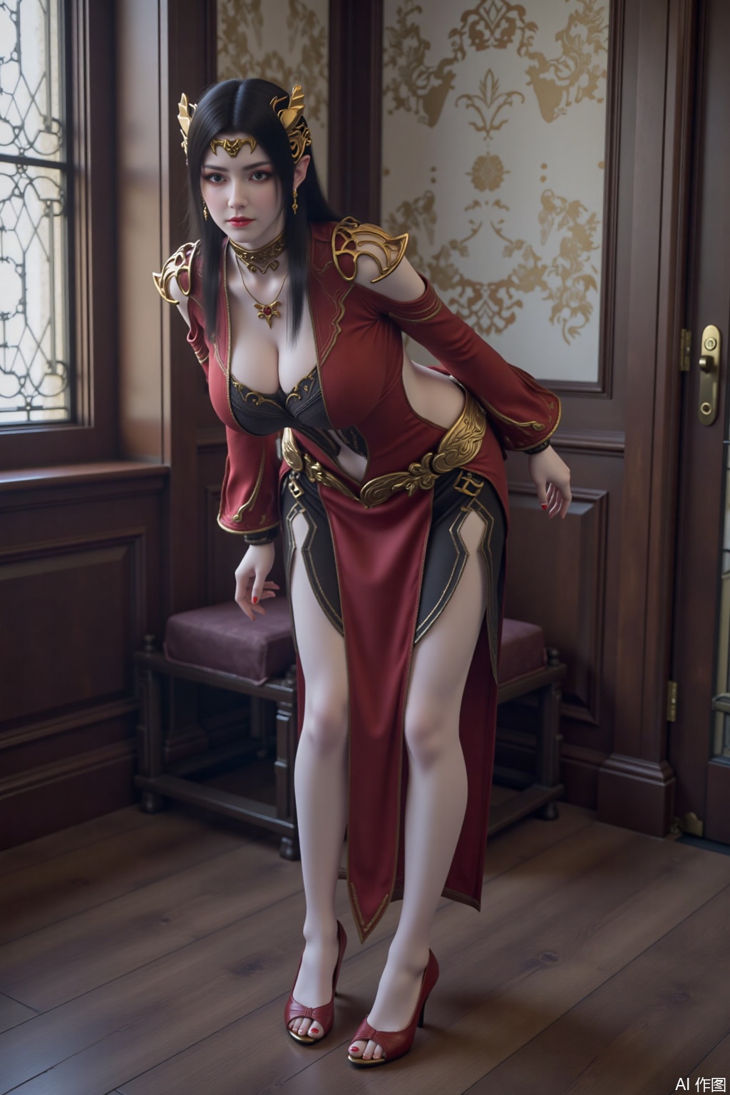 1girl, solo, long hair, huge breasts, looking at viewer, black hair, dress, jewelry, earrings, pointy ears, red dress, armor ,standing,red high heels,,bending over,learning forward,looking_at_viewer,indoor,MDS,soft breasts,large natural breast
