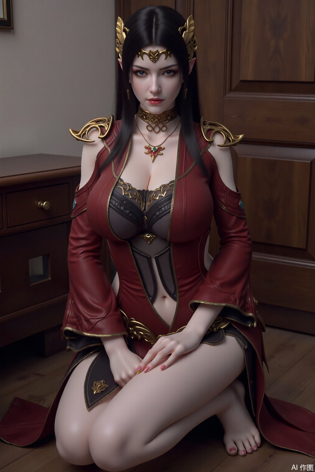 1girl, solo, long hair, huge breasts, looking at viewer, black hair, dress, jewelry, earrings, pointy ears, red dress, armor ,kneeling,all fours,looking_at_viewer,indoor,MDS,soft breasts,large natural breast