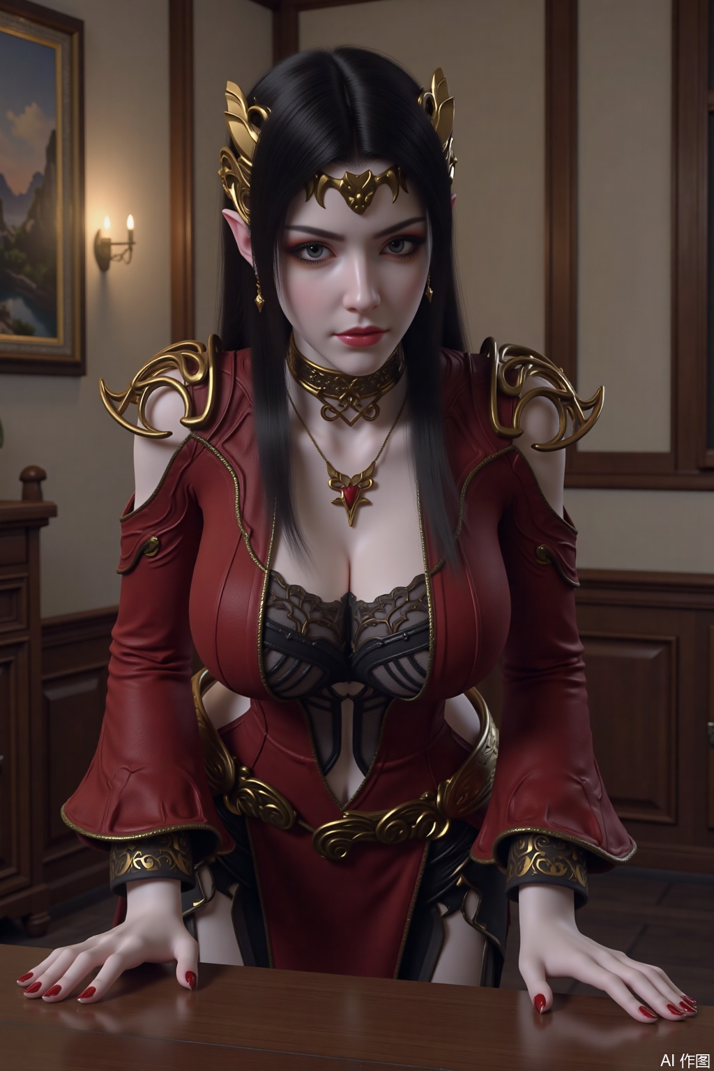 1girl, solo, long hair, breasts, looking at viewer, black hair, dress, jewelry, earrings, pointy ears, red dress, pale skin,Supporting the table with hands,huge breasts,cleavage,bending over,learning forward,looking_at_viewer,indoor,MDS