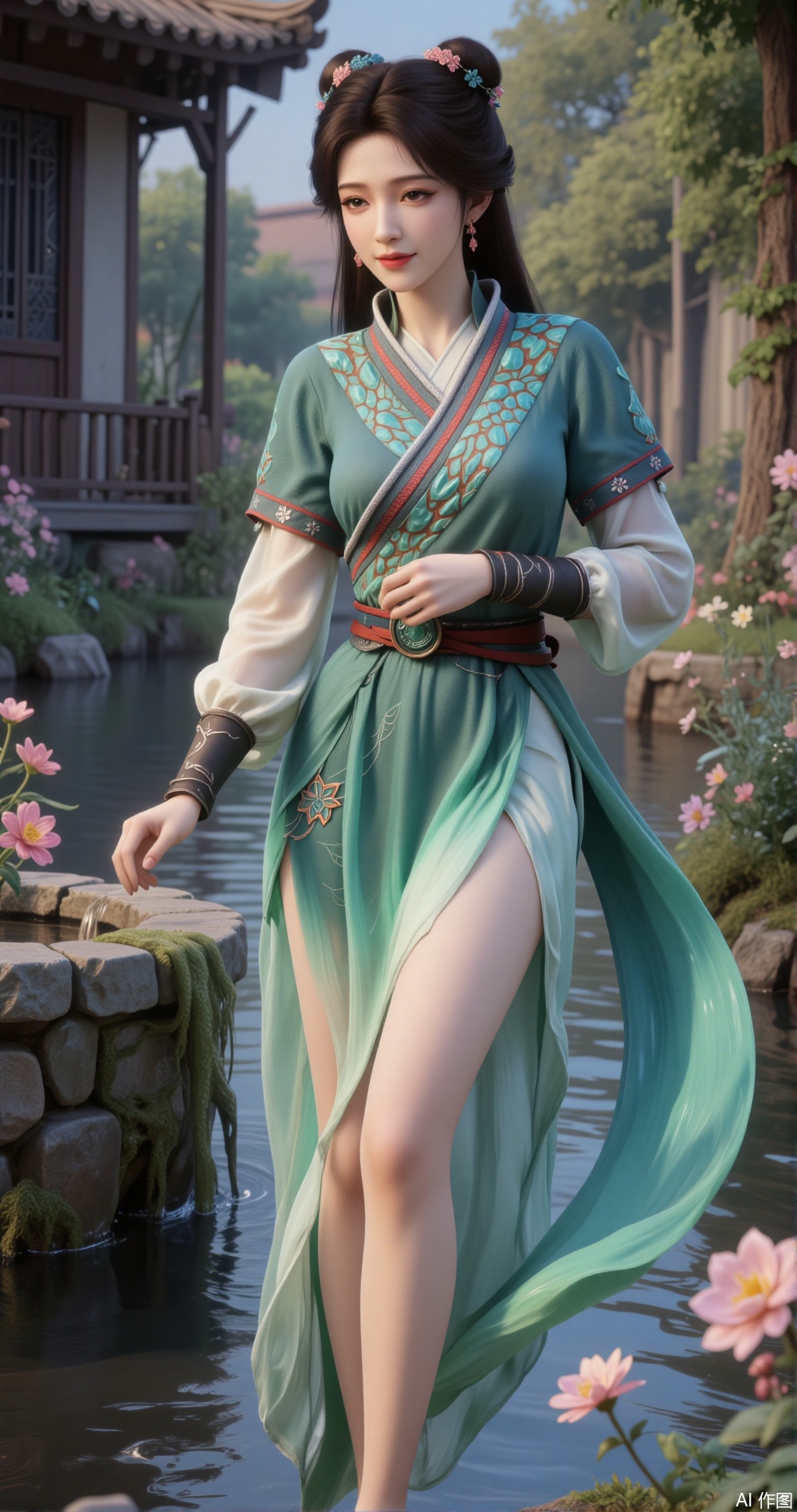 
In a watercolor-ink garden, a lady in emerald-green classical Hanfu is沐浴, showcasing her long, straight legs. Her Hanfu is designed in a watercolor-ink style, with her flowing skirt blending seamlessly with the surrounding garden.

Her top features emerald-green ink-wash patterns, with intricate embroidery adorning the cuffs and neckline, adding an ancient charm. Her skirt is a light ink gradient, fluttering gently as the water ripples, revealing her long, fair legs.

She is tall and slender, with her legs long and straight, her skin smooth and flawless, her lines graceful. Her posture is elegant and relaxed, with her hands gently stirring the water, as she smiles softly to the side, her eyes carrying a hint of warmth and serenity, as if savoring this tranquil moment.

Her hair flows like silk, swaying gently with the water, adding an ethereal quality. Her makeup is delicate, with her eyes and lips painted with subtle elegance, showcasing her beauty and grace.

The scene is filled with the essence of ink art, with the air carrying a faint scent of flowers and ink, evoking a blend of classical and modern beauty. Her figure merges with the garden, as if she were a celestial maiden of this ink world.