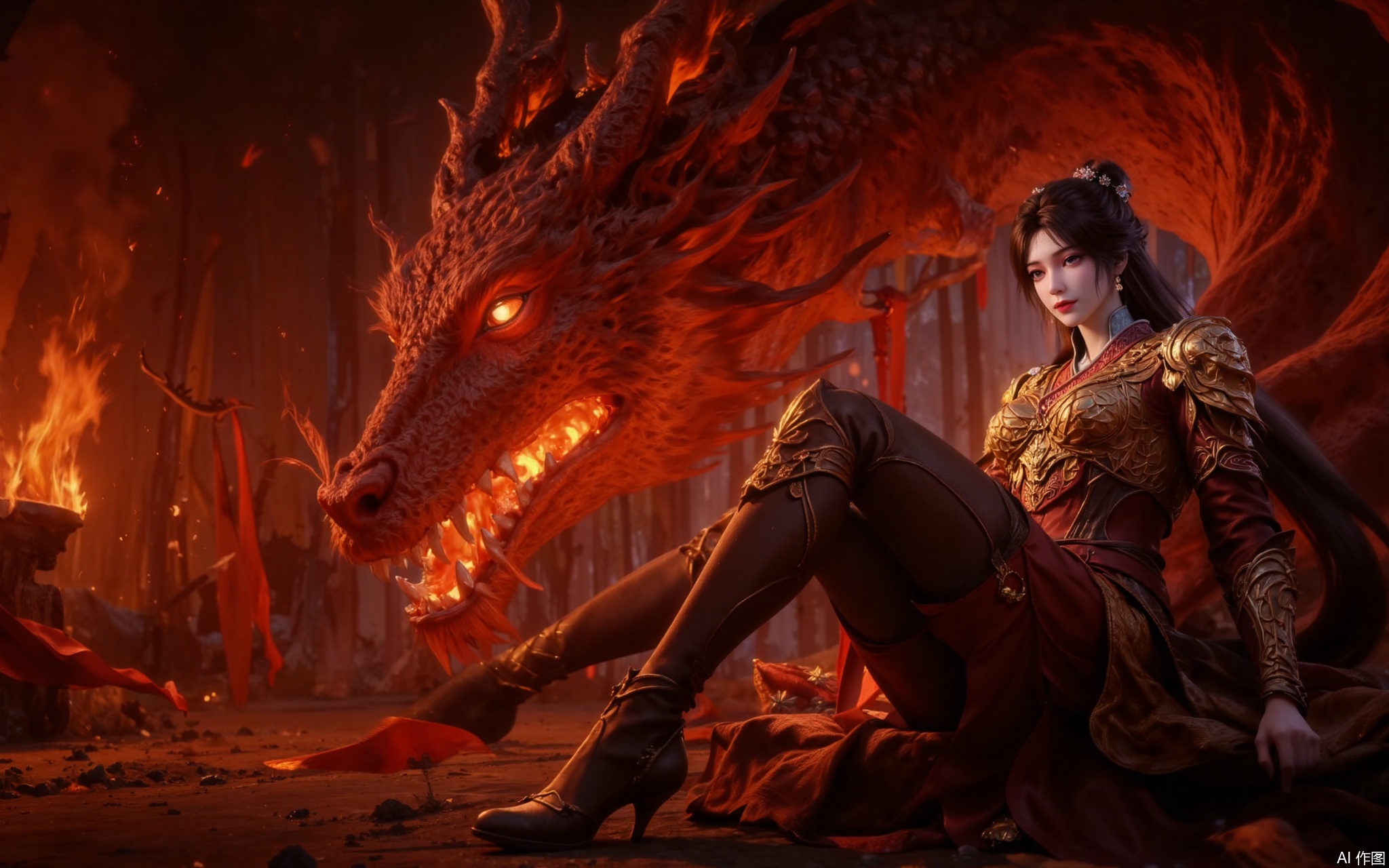 1 girl, solo, sitting sideways, facing forward, golden embossed breastplate, red silk short skirt, dragon scale pattern metal leggings, gold-plated dragon head shoulder armor, red ribbon surround special effects, deep gold hollow waist decoration, oily long legs, blood high heels, golden hair crown, black long hair dynamic fluttering, sitting leg curves, red pupils, flame-like red lips, huge red gold dragon beast (gold pattern scales/magma veins), dragon head looking straight at the audience, dragon claw energy halo, background burning particle special effects, red gold contrast system, metal and silk material comparison, dragon tail ribbon dynamic track, long eye red light projection, armor relief pattern consistent with dragon scales, ground magma cracks, floating ash particles, light and shadow levels, fantasy battlefield atmosphere rendering, Unreal Engine 5 rendering, low angle shooting, dynamic pose, background bokeh.