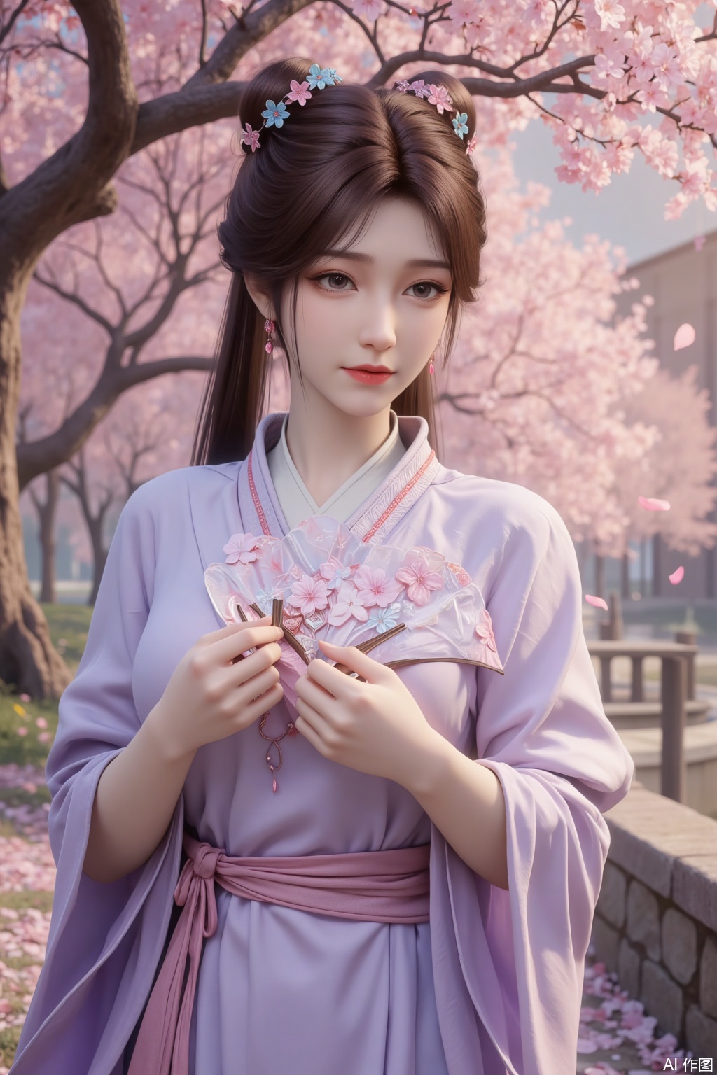 In a pink cherry blossom grove, a girl in a light purple kimono stands quietly beneath a cherry blossom tree, exuding elegance and mystery. Her purple hair is tied into two high ponytails, the ends slightly curled and lightly swaying in the breeze. Her fringe neatly falls over her forehead, her slightly furrowed brow revealing a hint of gentleness and contemplation. Her amber eyes are warm and deep, as if reflecting the falling cherry blossoms within her pupils. Her long lashes, highlighted by the petals, appear exceptionally soft.

Her pink lips curve into a subtle smile, as if savoring the beauty and tranquility of the cherry blossoms. Her expression carries a touch of elegance and composure, as if she is the mistress of this cherry blossom grove. Her facial features are soft and delicate, her skin appearing exceptionally fair under the sunlight, radiating a soft glow.

Her right hand gently rises, holding a delicate fan, the fan's surface adorned with cherry blossoms and butterflies, as if merging with the surrounding scenery. The fan gently unfolds, swaying slightly with her movements, as if transmitting a gentle signal to the cherry blossom grove. Her fingers are slender and long, her nails neatly trimmed and clean, exuding an elegant charm. Her arm lines are smooth, her movements natural, revealing a calm and graceful demeanor.

Her light purple kimono is exquisitely designed, with delicate cherry blossom patterns embroidered on the collar and cuffs, as if mimicking the petals scattered around. The fabric is light and soft, swaying gently with the breeze, as if harmonizing with the surrounding cherry blossoms. A thin pink silk ribbon is tied around her waist, its ends fluttering in the wind, adding a touch of ethereal beauty.

The background is a blooming cherry blossom grove, with pink petals drifting in the wind, as if caught in a romantic floral rain. The branches of the cherry blossom trees intertwine, forming a dreamy pink canopy. Sunlight filters through the gaps between petals, casting dappled light on the ground. The air is filled with the sweet scent of cherry blossoms, and distant bird calls add a touch of vitality to the grove.