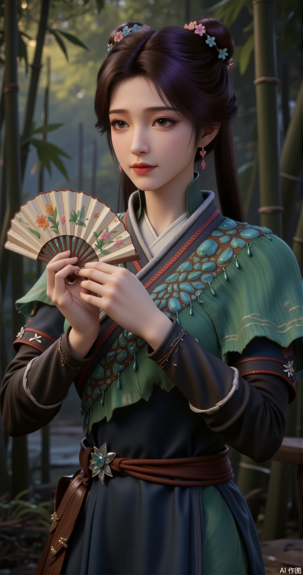 n a serene bamboo forest, a girl in a green hanfu stands quietly deep within the bamboo grove, exuding elegance and mystery. Her purple hair is tied into two high ponytails, the ends slightly curled and lightly swaying in the breeze. Her fringe neatly falls over her forehead, her slightly furrowed brow revealing a hint of serenity and depth. Her emerald green eyes are as clear as the forest's most pristine dewdrop, reflecting swaying bamboo shadows within her pupils. Her long lashes, highlighted by the bamboo leaves, appear exceptionally soft.

Her pink lips curve into a subtle smile, as if savoring the tranquility and elegance of the bamboo forest. Her expression carries a touch of grace and composure, as if she is the mistress of this bamboo grove. Her facial features are soft and delicate, her skin appearing exceptionally fair under the sunlight, radiating a soft glow.

Her right hand gently rises, holding a delicate fan, the fan's surface adorned with bamboo leaves and clear streams, as if merging with the surrounding scenery. The fan gently unfolds, swaying slightly with her movements, as if transmitting a graceful signal to the bamboo forest. Her fingers are slender and long, her nails neatly trimmed and clean, exuding an elegant charm. Her arm lines are smooth, her movements natural, revealing a calm and graceful demeanor.

Her green hanfu is exquisitely designed, with delicate bamboo leaf patterns embroidered on the collar and cuffs, as if mimicking the grove's extension. The fabric is light and soft, swaying gently with the breeze, as if harmonizing with the surrounding bamboo leaves. A thin white silk ribbon is tied around her waist, its ends fluttering in the wind, adding a touch of ethereal beauty.

The background is a dense bamboo forest, with bamboo leaves swaying in the wind, emitting a rustling sound, as if whispering the secrets of nature. Sunlight filters through the gaps between leaves, casting dappled light on the ground. The air is filled with the sweet scent of bamboo, and distant bird calls add a touch of vitality to the grove.