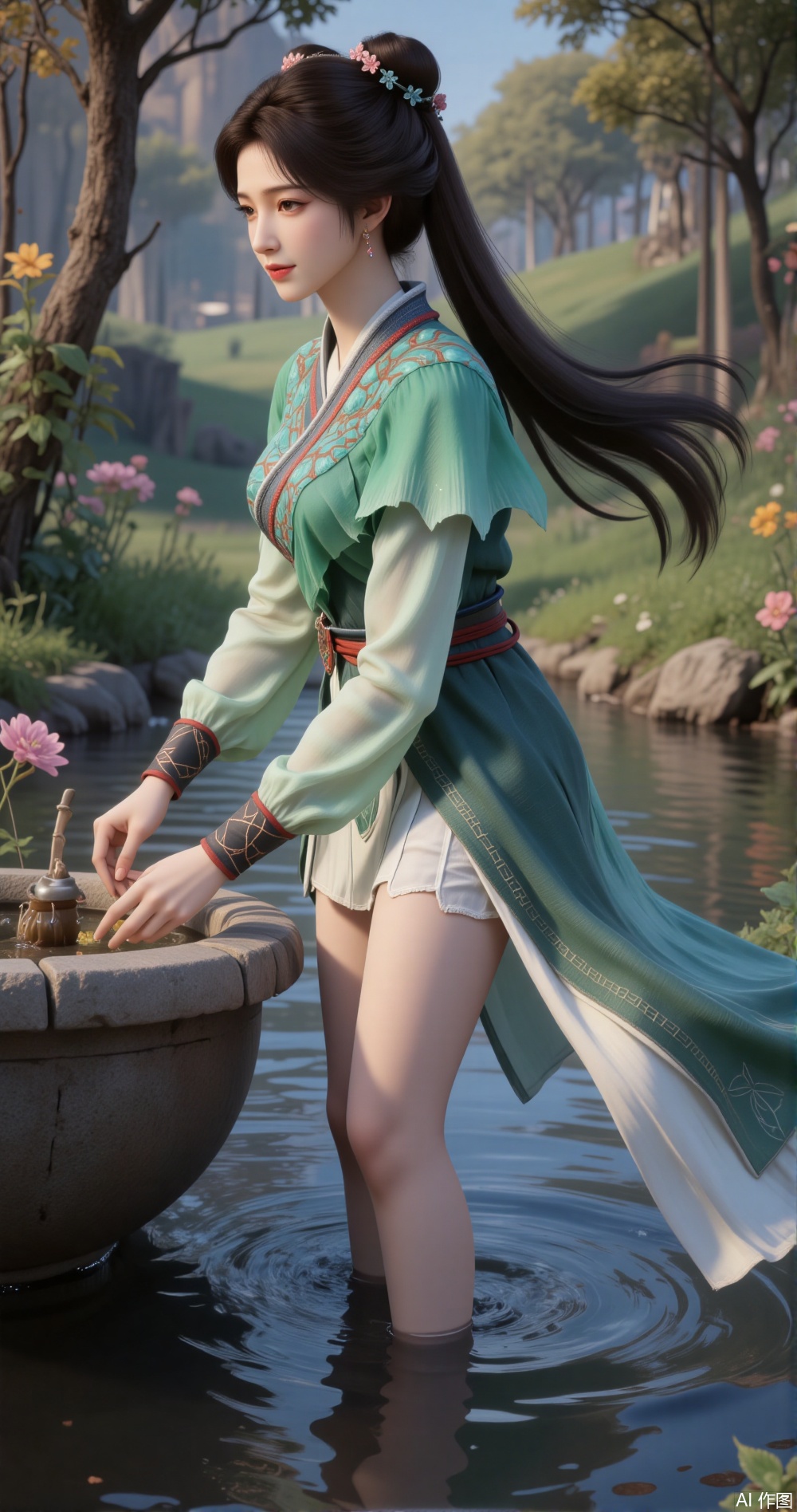 
In a watercolor-ink garden, a lady in emerald-green classical Hanfu is沐浴, showcasing her long, straight legs. Her Hanfu is designed in a watercolor-ink style, with her flowing skirt blending seamlessly with the surrounding garden.

Her top features emerald-green ink-wash patterns, with intricate embroidery adorning the cuffs and neckline, adding an ancient charm. Her skirt is a light ink gradient, fluttering gently as the water ripples, revealing her long, fair legs.

She is tall and slender, with her legs long and straight, her skin smooth and flawless, her lines graceful. Her posture is elegant and relaxed, with her hands gently stirring the water, as she smiles softly to the side, her eyes carrying a hint of warmth and serenity, as if savoring this tranquil moment.

Her hair flows like silk, swaying gently with the water, adding an ethereal quality. Her makeup is delicate, with her eyes and lips painted with subtle elegance, showcasing her beauty and grace.

The scene is filled with the essence of ink art, with the air carrying a faint scent of flowers and ink, evoking a blend of classical and modern beauty. Her figure merges with the garden, as if she were a celestial maiden of this ink world.
